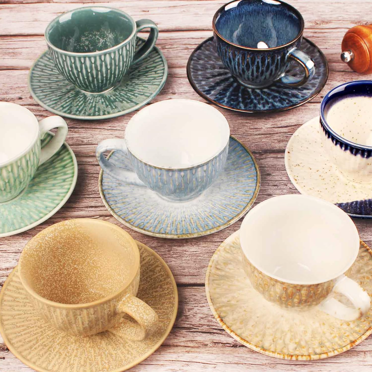 Set di tazze da caffè in ceramica con piattino, 8 pezzi, impilabili, per latte, tè caldo, cappuccino, moka, cacao, lavabili in lavastoviglie e forno a microonde, blu reale