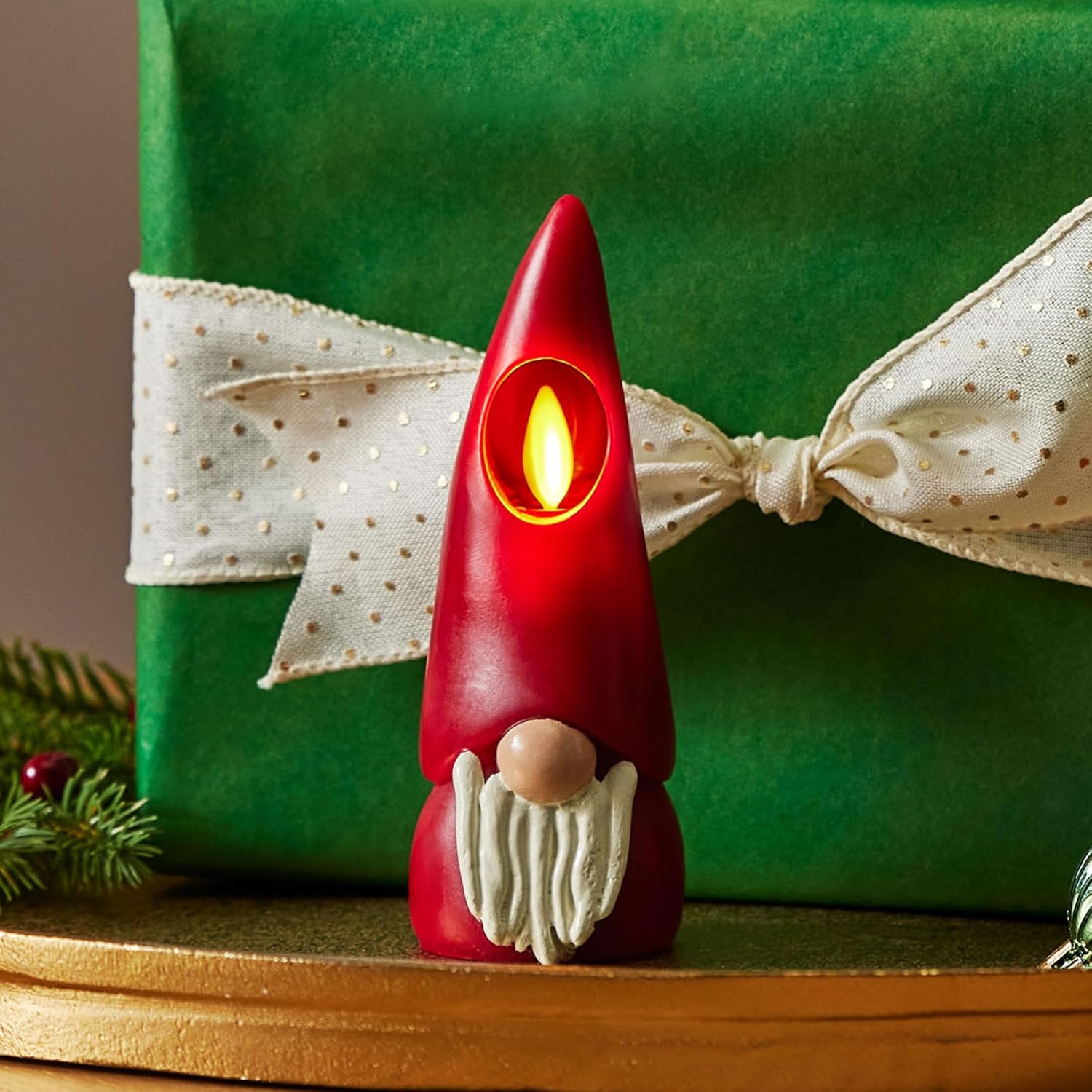 Luminara Gnome Figural Flameless LED Candle - Burgundy 2.2" x 6" - Battery Operated Christmas Winter Decoration Real Wax Unscented Home Decor Indoor