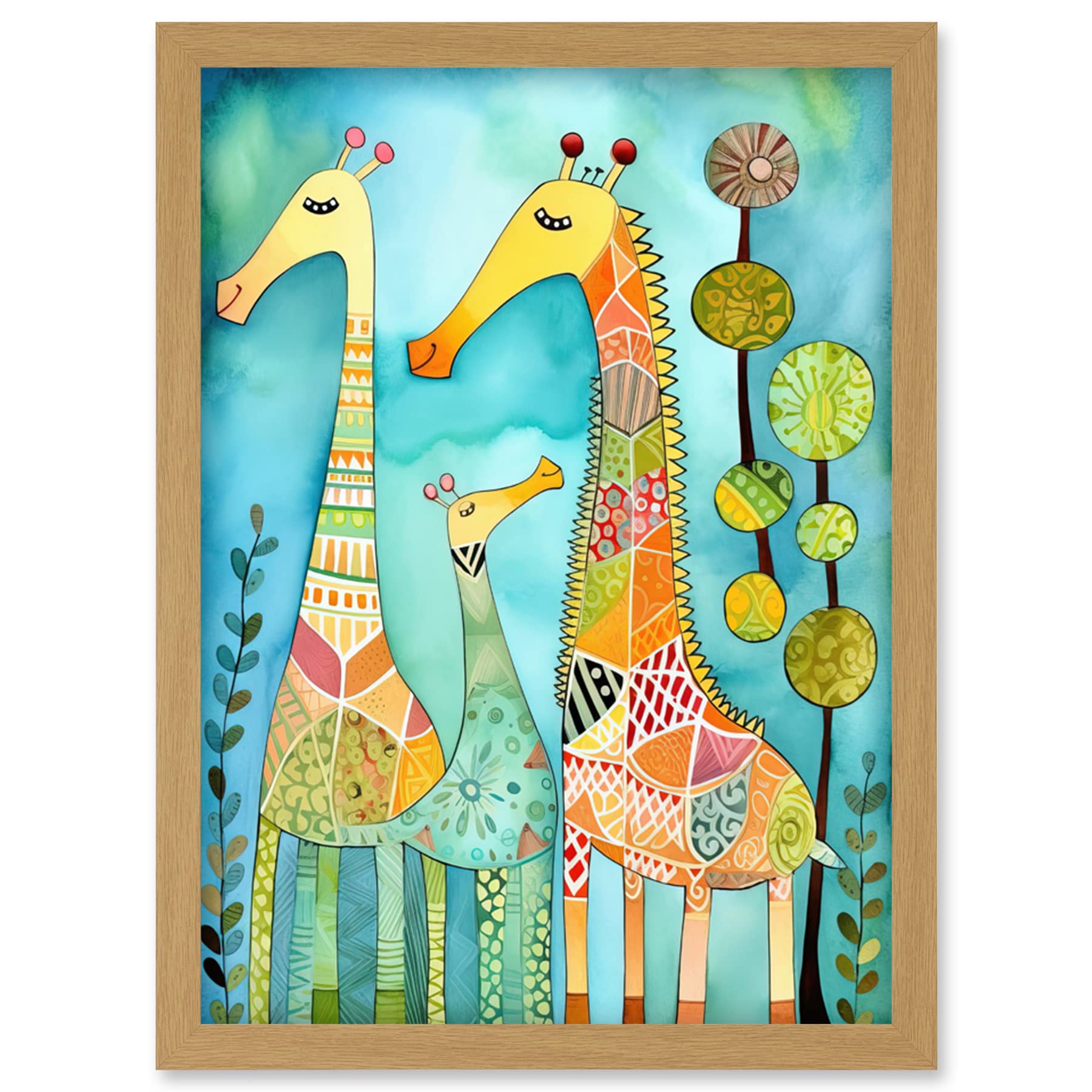 Artery8 Folk Art Giraffes Fun Cute Kids Bedroom Painting Artwork Framed Wall Art Print A4
