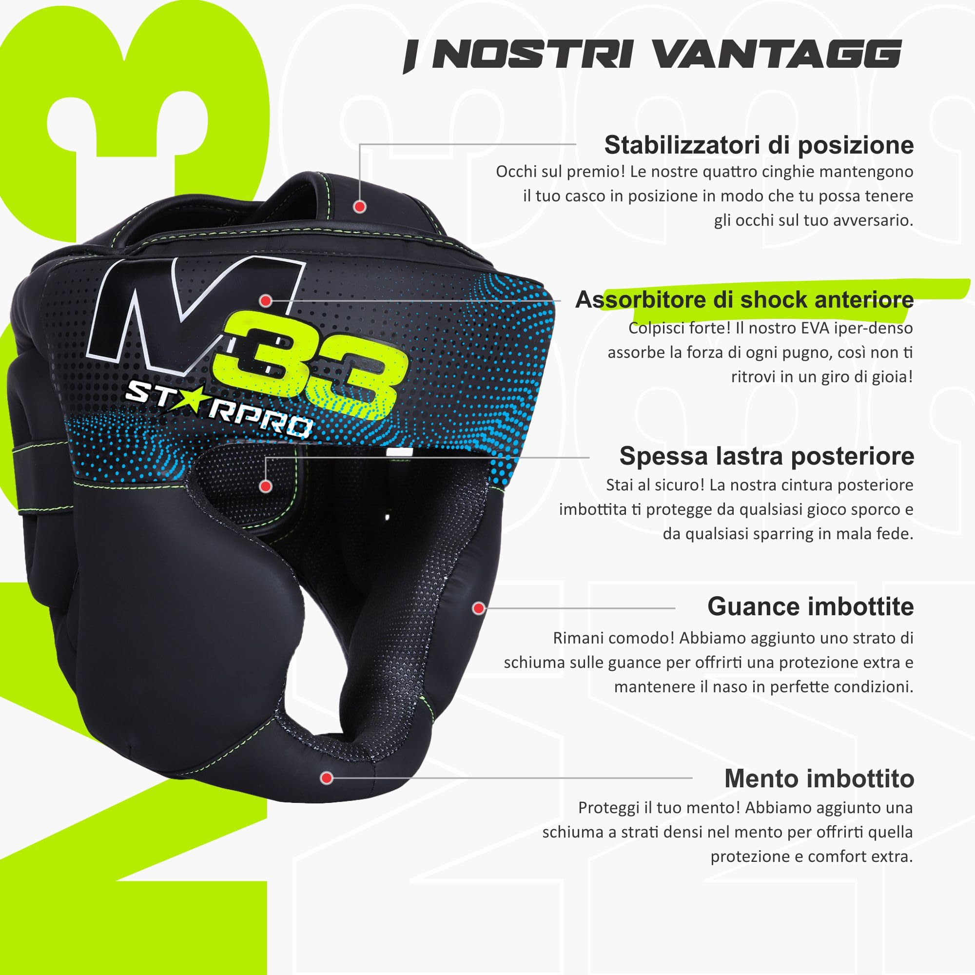 Starpro Caschetto da Boxe in Pelle Sintetica Opaca Donna e Uomo. Protezione per Orecchie e Guance per Sparring, Pugilato, Muay Thai, Kickboxing, Fighting & Training - Nero& Verde - XXS XS S M L XL