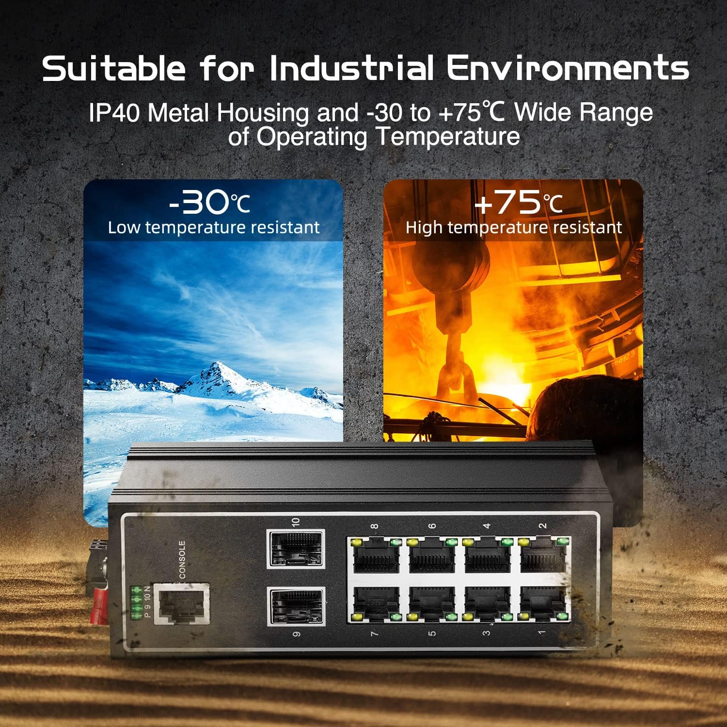 Binardat 10 Port Gigabit L2+ Managed Industrial DIN-Rail Switch, 8 Gigabit Ethernet Ports, 2 Gigabit SFP, Vlan|Route|Ring|ACL|Qos Web/Console Managed