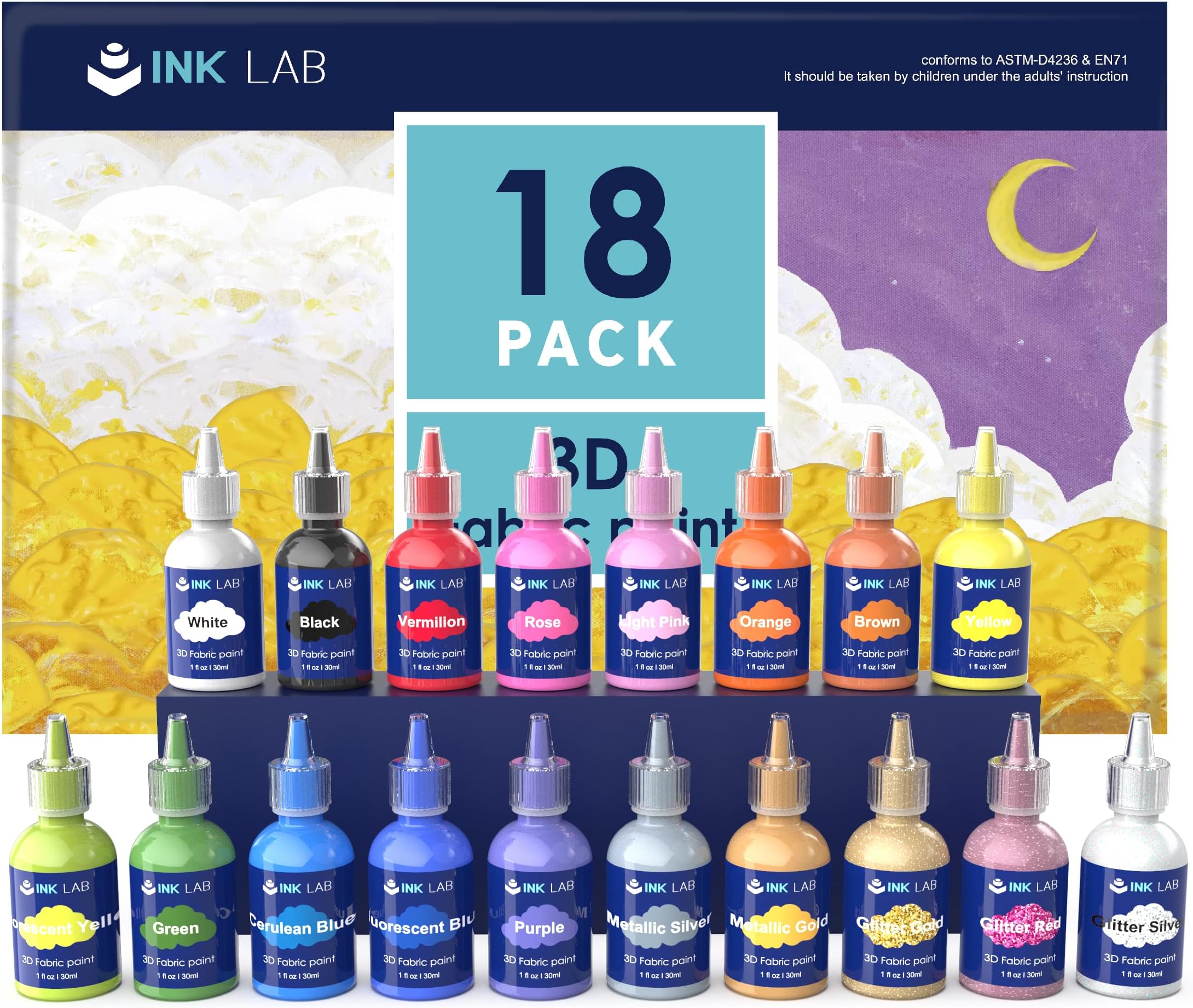 INK LAB 3D Fabric Paint Set 18 Colors Permanent Textile Paints with Brushes for Kids Adults Clothes DIY Canvas Ceramic Wood T-Shirts Bags, 30ml/Bottle, Non Toxic