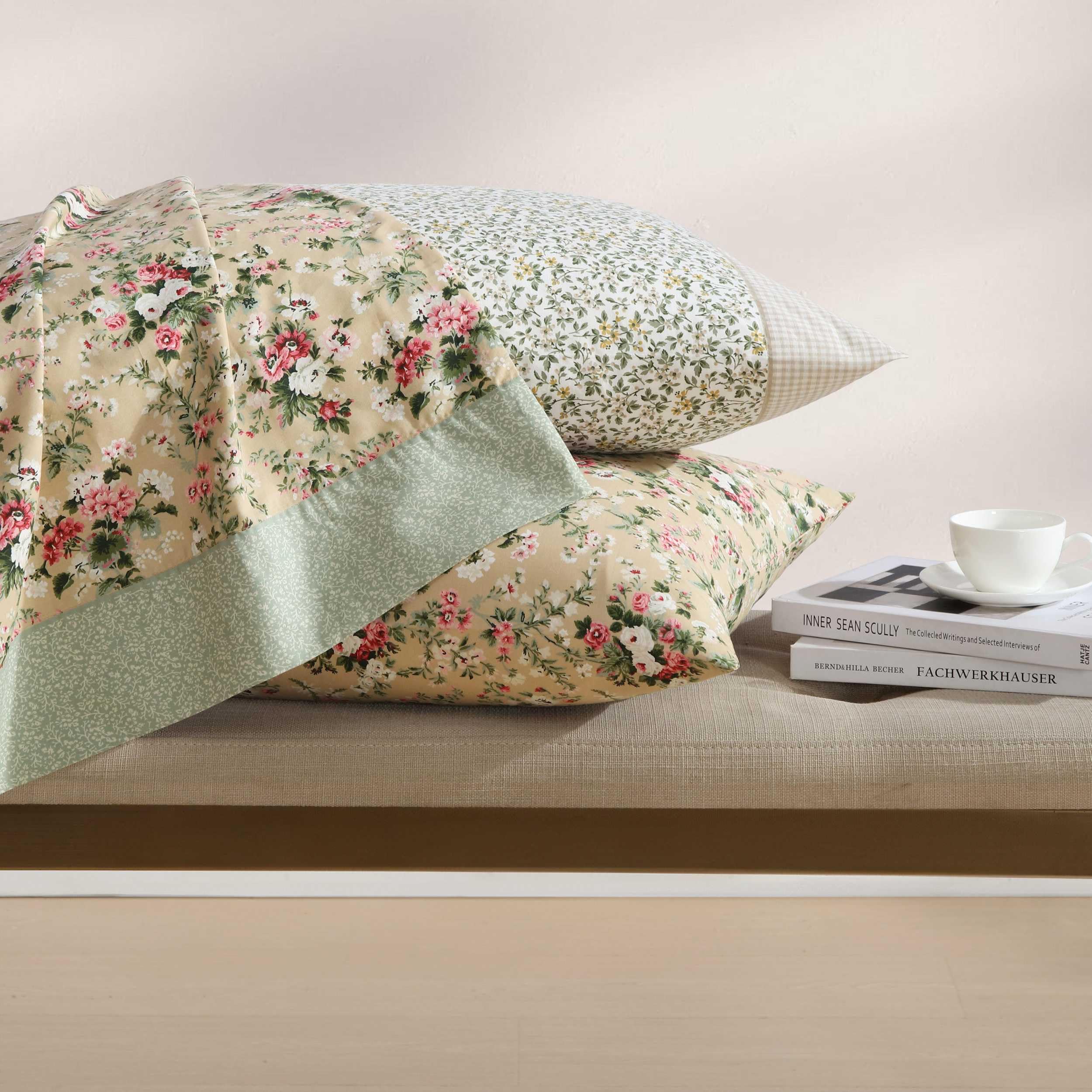 Laura Ashley - Juego de sábanas tamaño Queen, Ropa de Cama de algodón percal Transpirable con Bolsillos Profundos, decoración Elegante para el hogar, Certificado Oeko-Tex (Tierney Green, Queen)