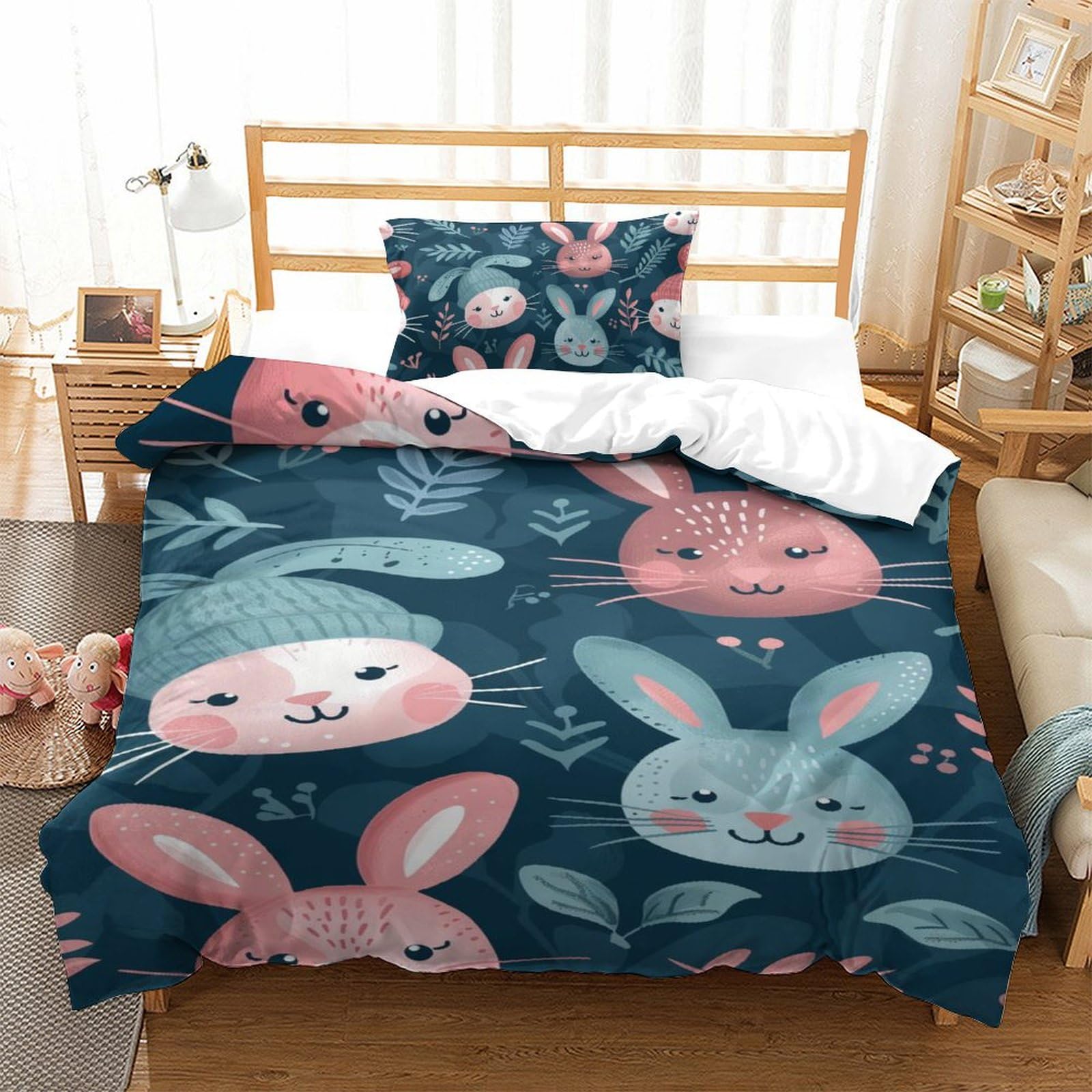 Parure de lit 135x200 lapin avec housse de couette fermeture éclair et motif 3D