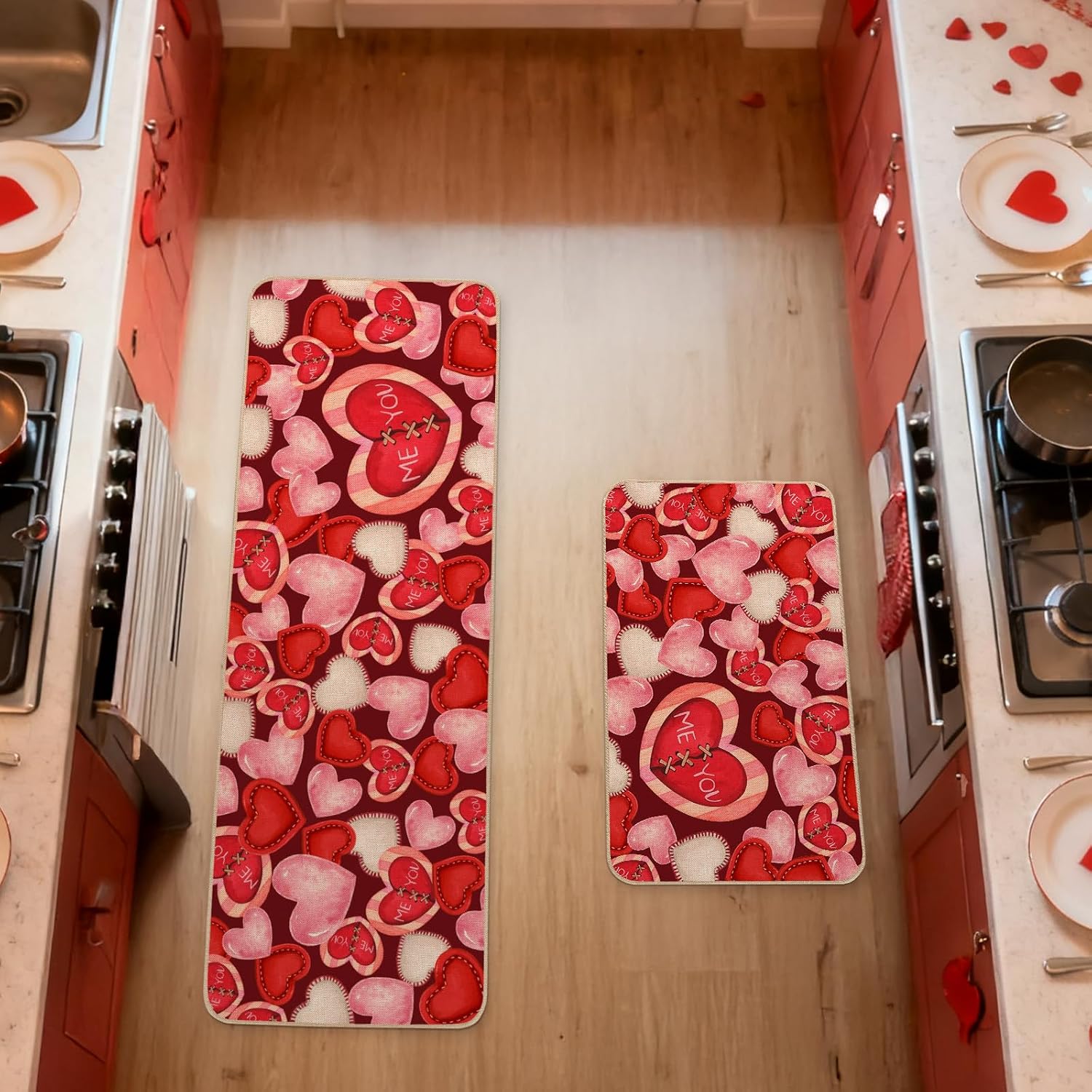 Moutina Me & You Love Heart Valentines Kitchen Rugs Set of 2, Valentines Day Home Decor Low-Profile Kitchen Mats for Floor - 17x29 and 17x47 Inch