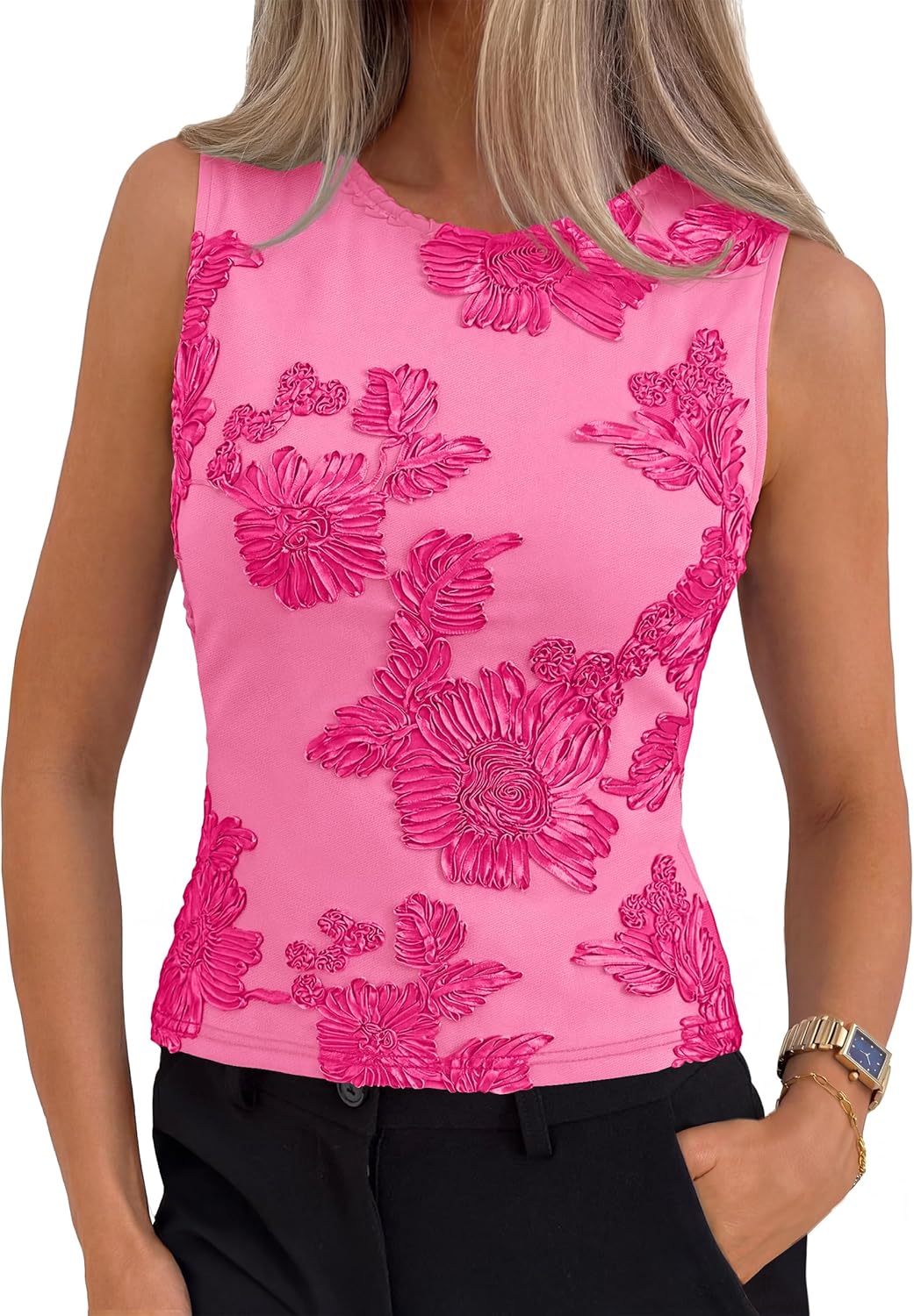MEROKEETY Women's Summer Floral Sleeveless Tank Tops 2026 Trendy Mesh Going Out Business Casual Top Slim Fit Vacation Clothes, Hotpink, X-Large