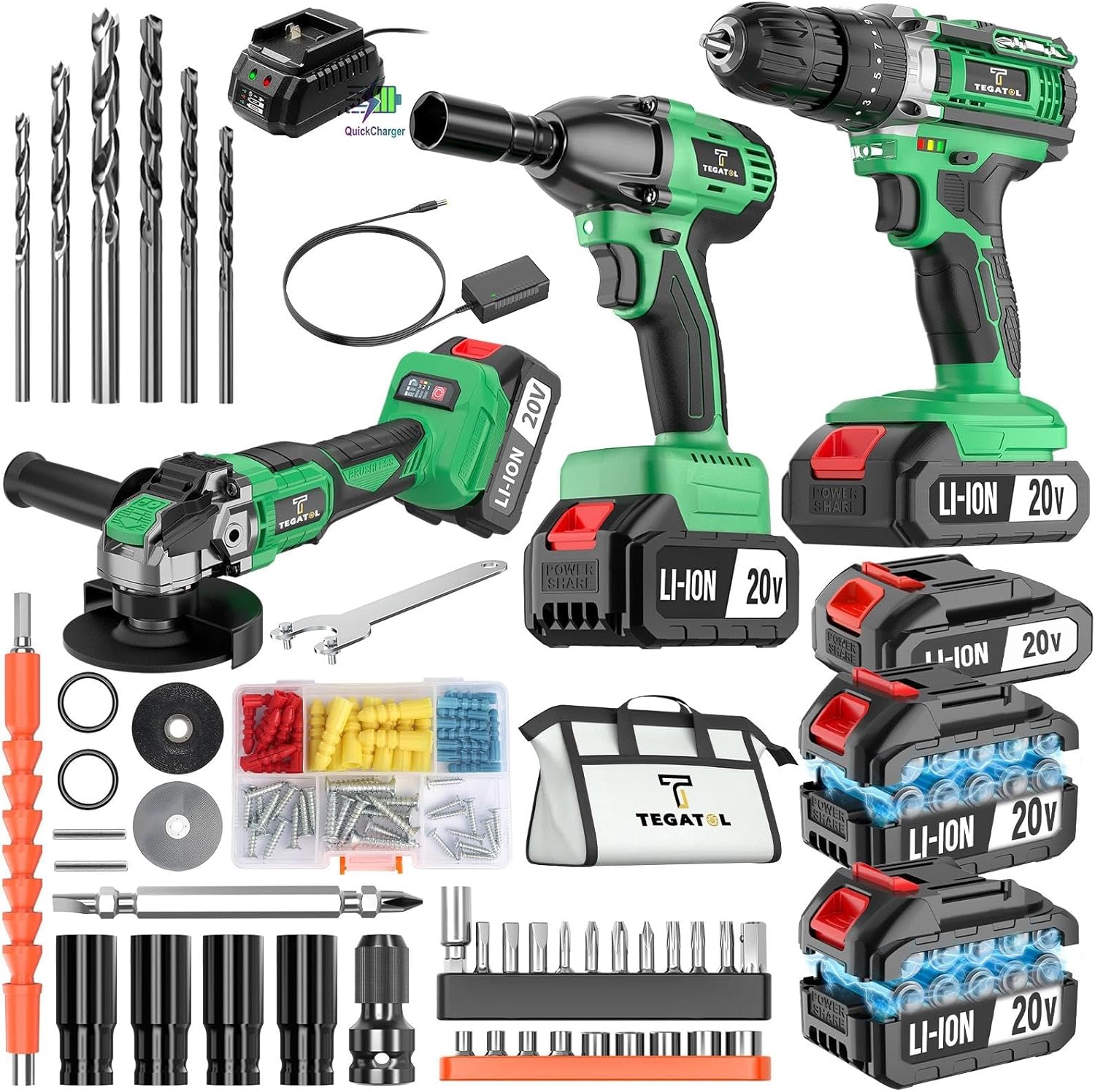 Electric Tool Set, Including A Drill, Electric Wrench, And Angle Grinder, With Various Options, Comes With Batteries And A Charger, Suitable For Home Renovation, Industrial Use, and Car Maintenance