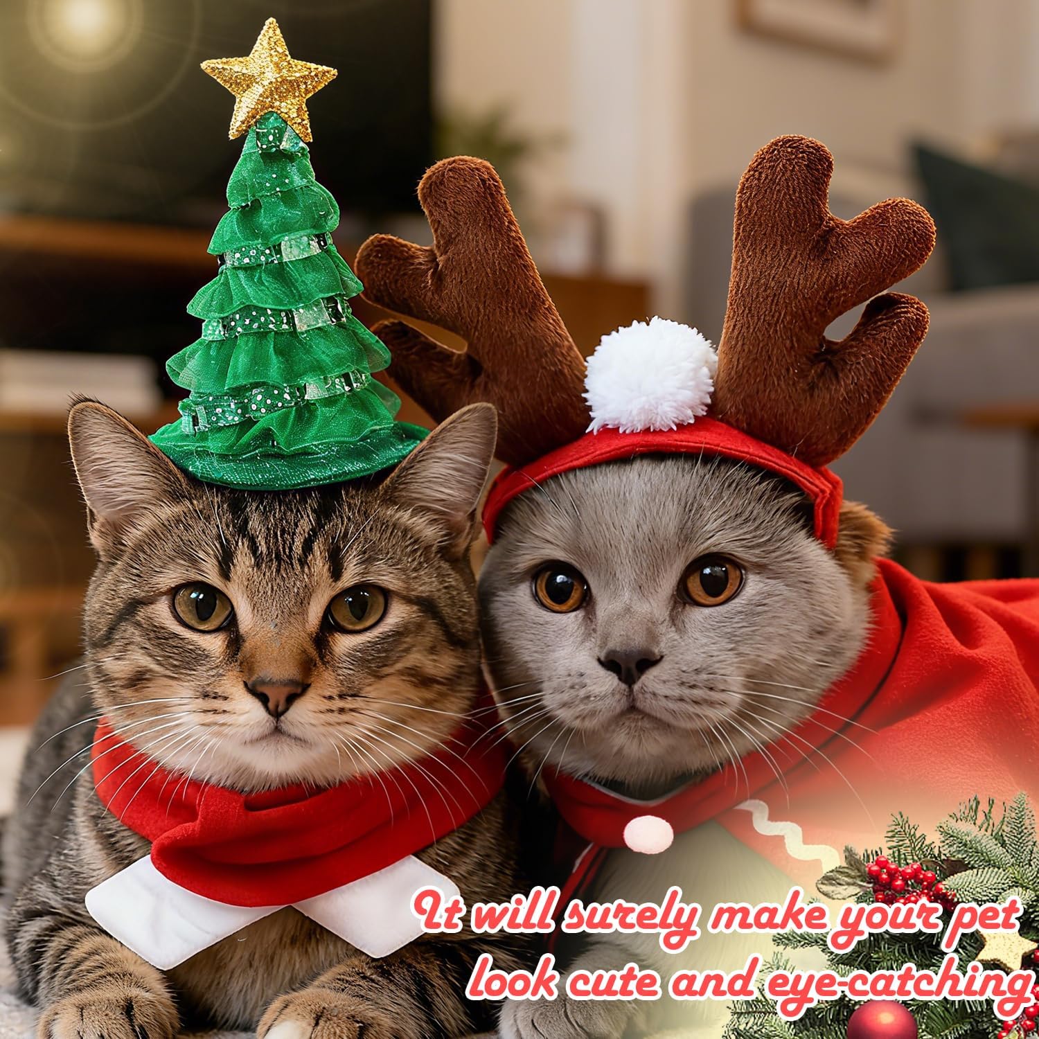 Christmas Costume for Pets, 4 Pieces Christmas Accessories Pet Clothes, Christmas Costumes for Cats Dogs with Hat, Reindeer Antlers Headband, Scarf, Mantle, for Dogs Cats 5