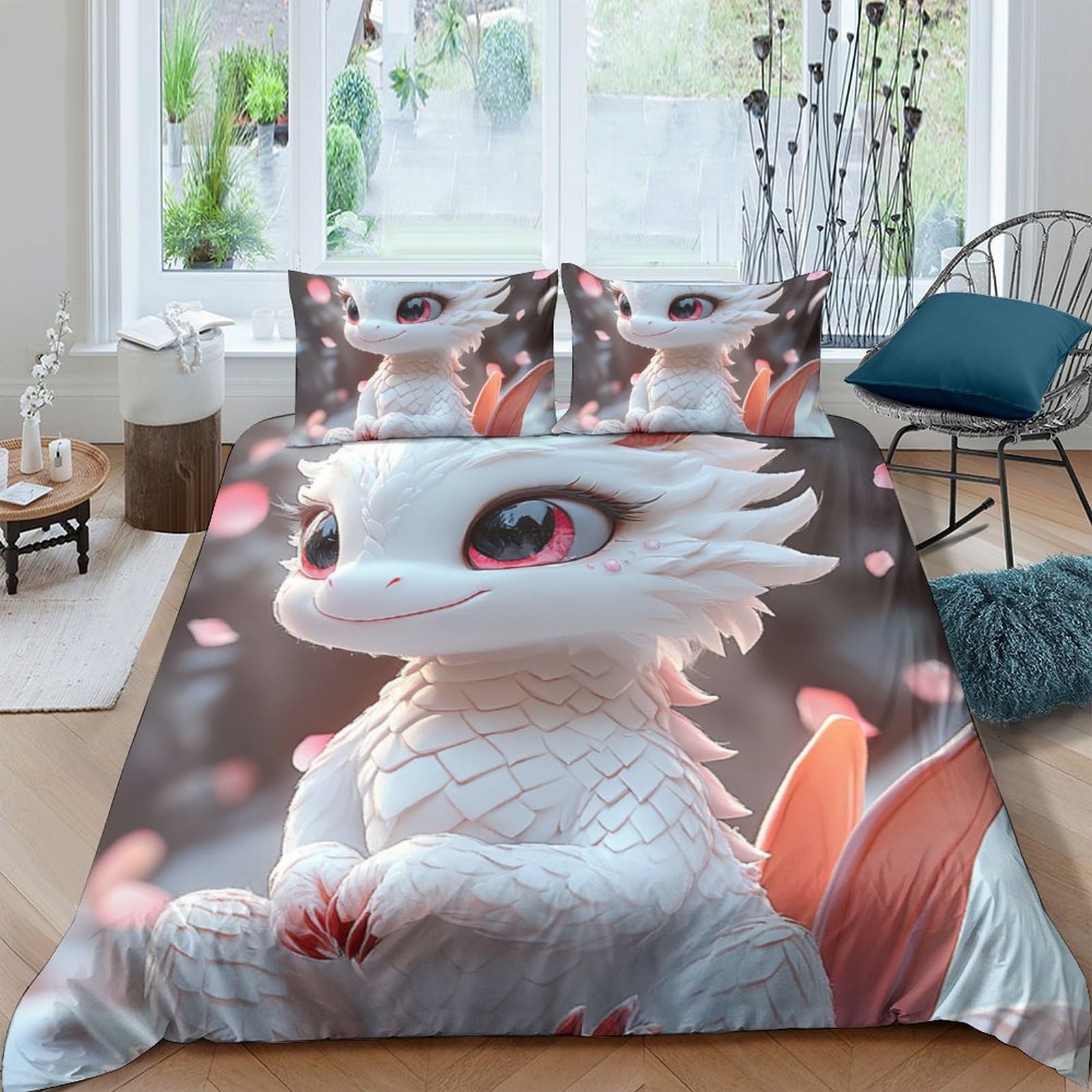 Ctjqhvkz Style-8 3D Printed White Dragon Fitted Sheet Microfiber Soft Decorative Fantasy Creature Bed Cover For Bedroom Guest Room Single（135X200cm）