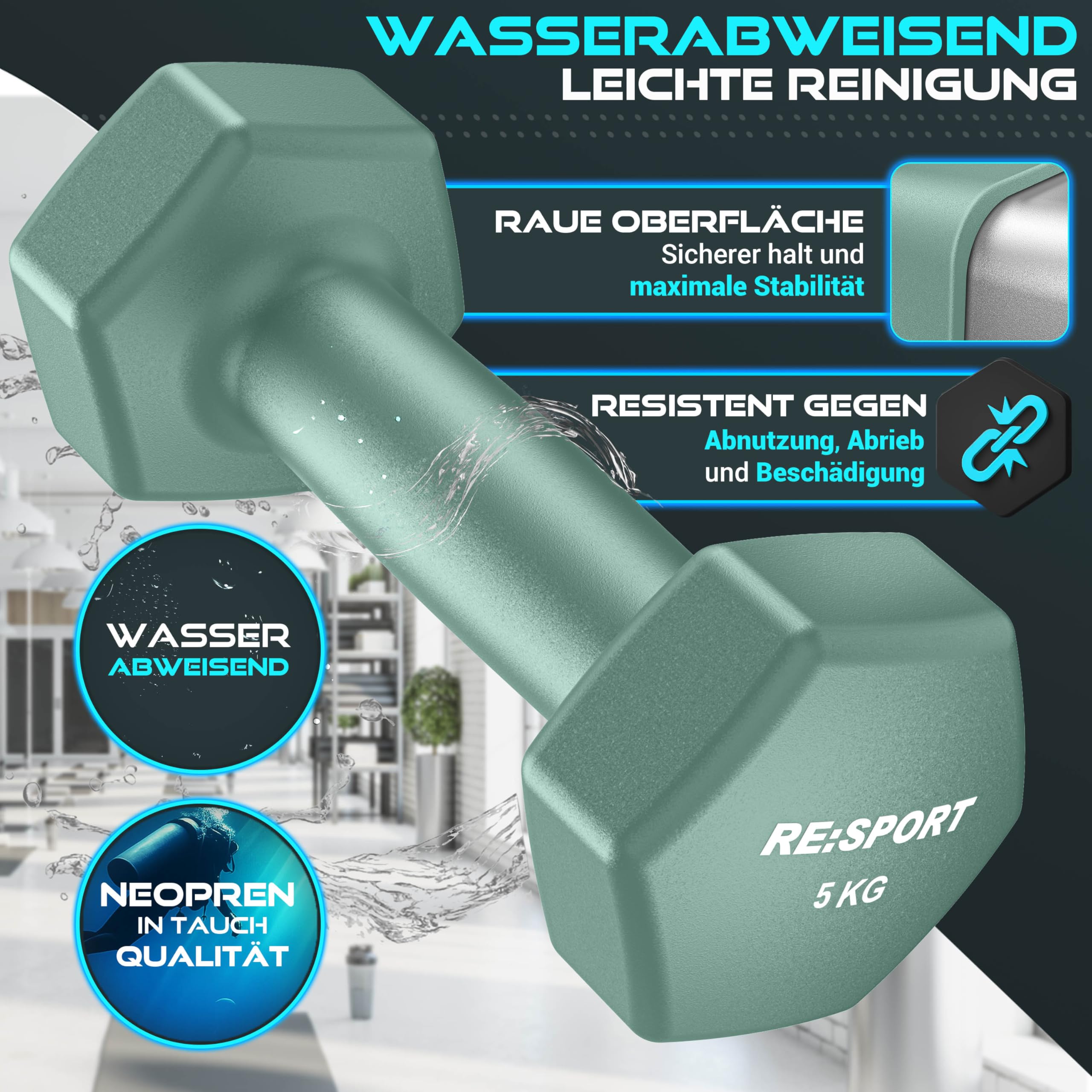 RE:SPORT® Hantel-Set 3 Paar, 1kg - 5kg, 12kg oder 18kg mit Ständer & 3x Fitnessbänder | Rutschfeste Neopren Kurzhanteln für Damen & Herren | Hanteln Hantelset