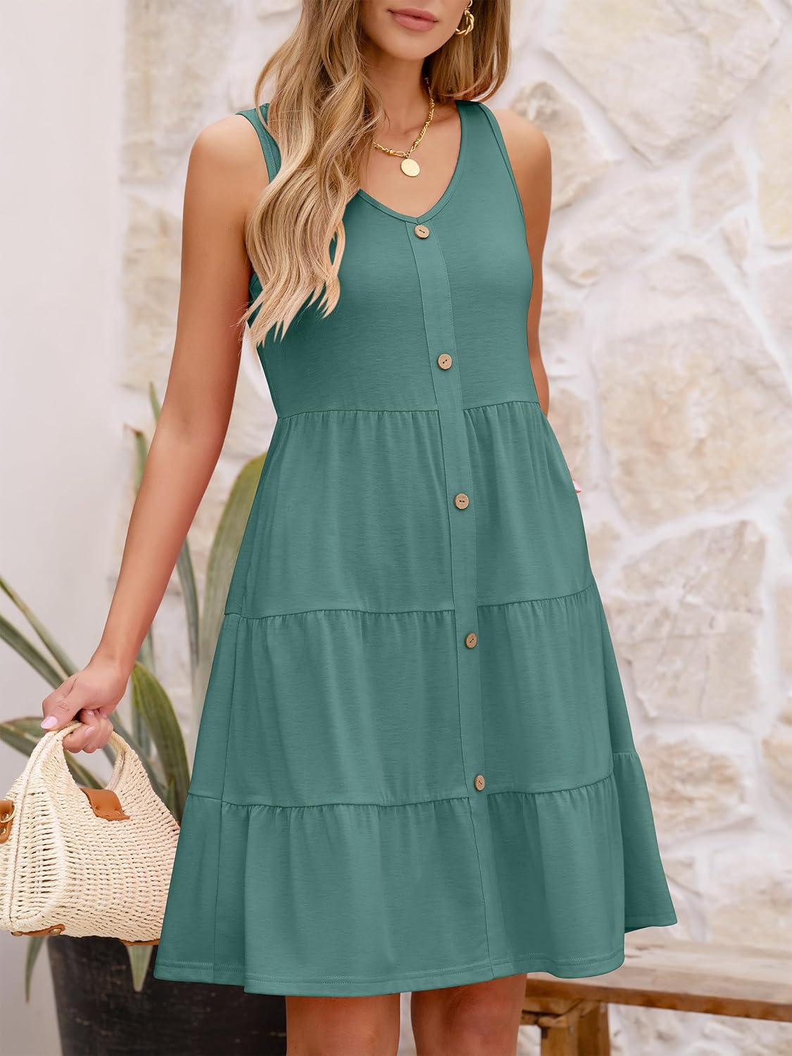 ANRABESS Womens Summer Beach Vacation Dresses V Neck Sleeveless Casual Button Down A Line Swing Mini Sundresses with Pockets - Image 3