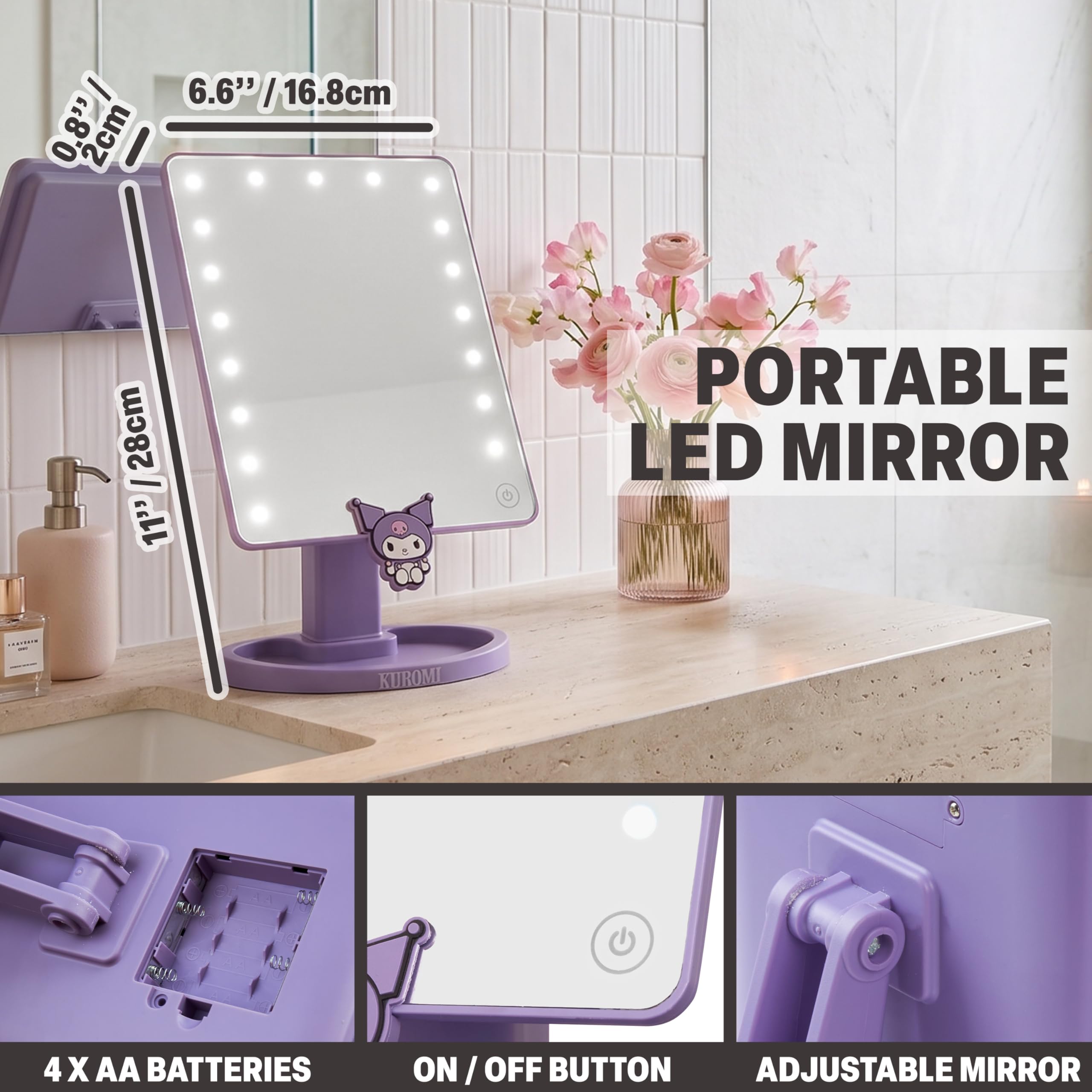 Get Trend Hello Kitty Kuromi Sanrio Specchio Trucco con Luci LED per Ragazze Specchio da Tavolo Supporto a Incastro Rimovibile Plateau Portogioielli per Camera Idea Regalo Ragazza (Viola Kuromi)
