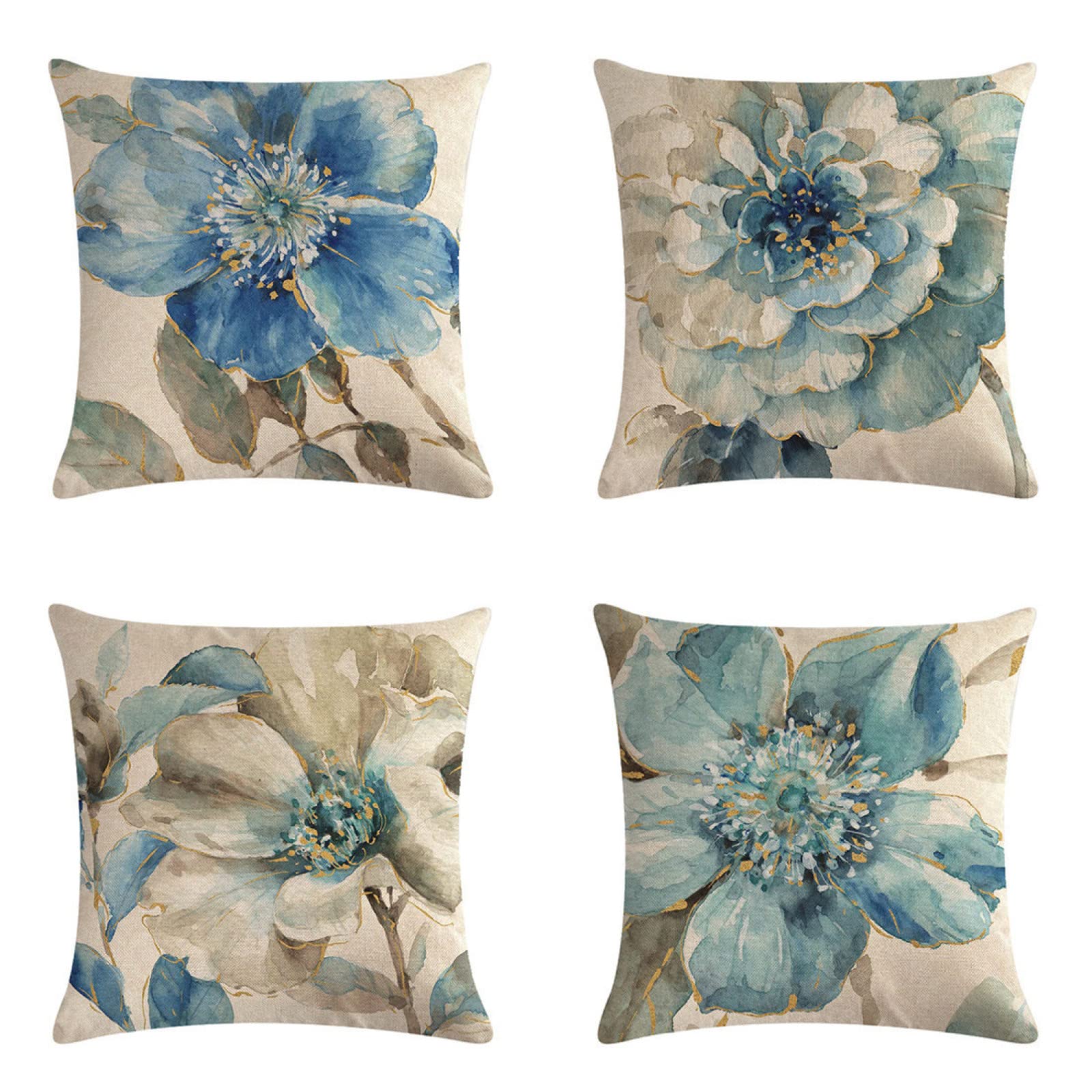 Housse de coussin 65x65cm lot de 4 en lin fleur bleue pour canapé et lit
