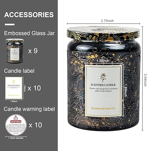 Miniatura 9 de Contenedor de vela de vidrio parpadeante en relieve de 8.8 onzas, paquete de 9 tarros de vela brillante galvanizados con tapa en relieve para hacer