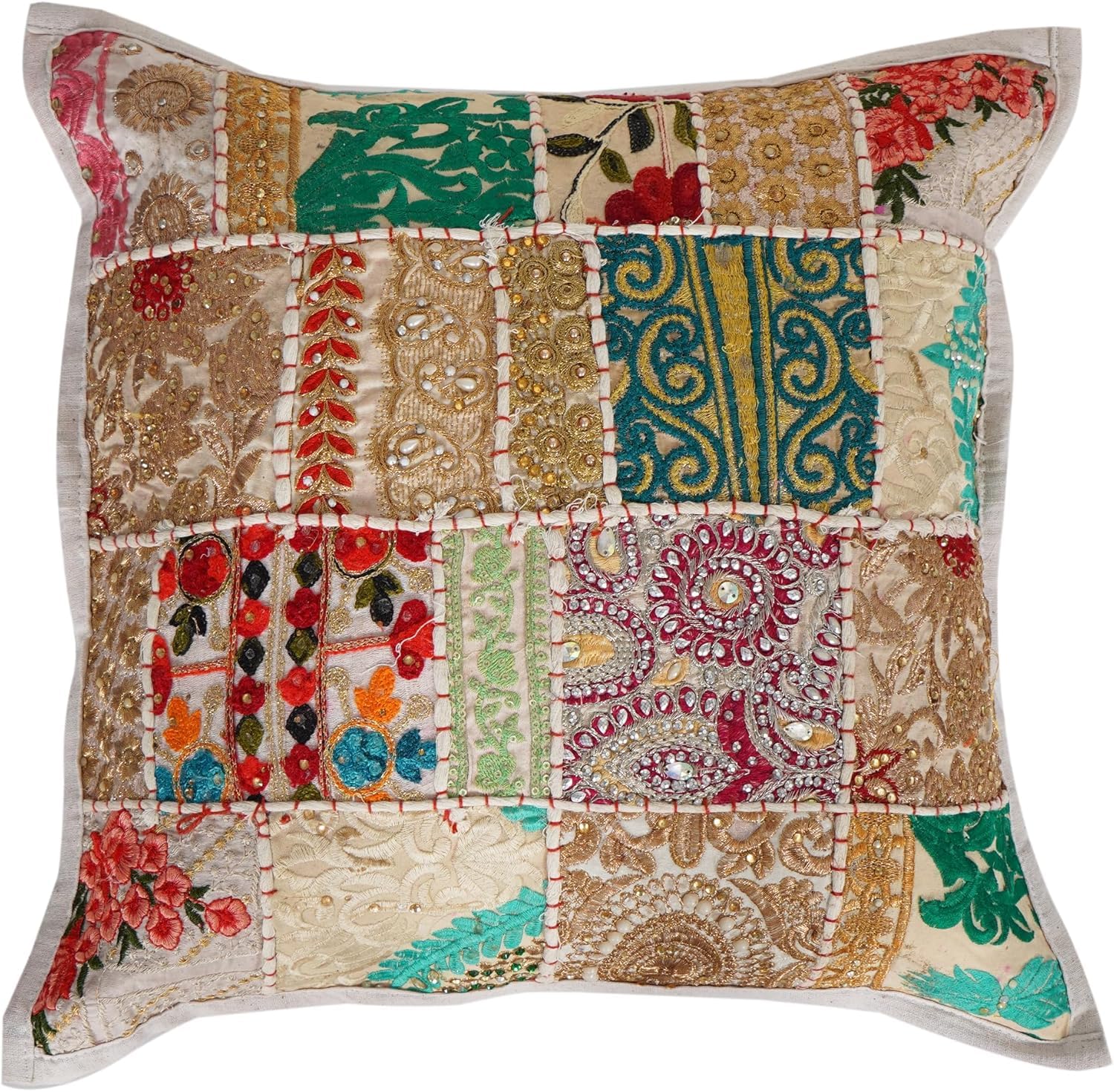 Hand Embroidered Cushion Cover Traditional Decorative Pillowcase Rajasthani Art Patchwork Cushion Cover 16 x16 Inch (1, White)-picture-10