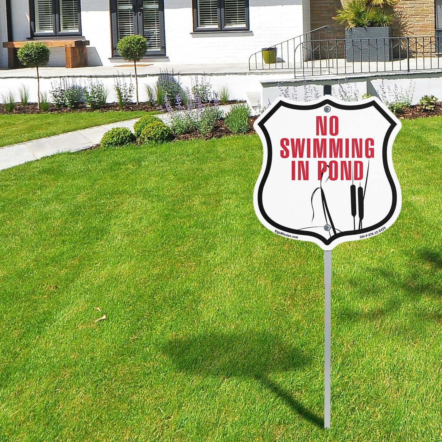 No Swimming In The Pond (10 Pack) 12 inch X 12 inch Shield Shaped Rust-Free Aluminum Metal Signs with Aluminum Mounting Stakes Weather Resistant Made in the USA