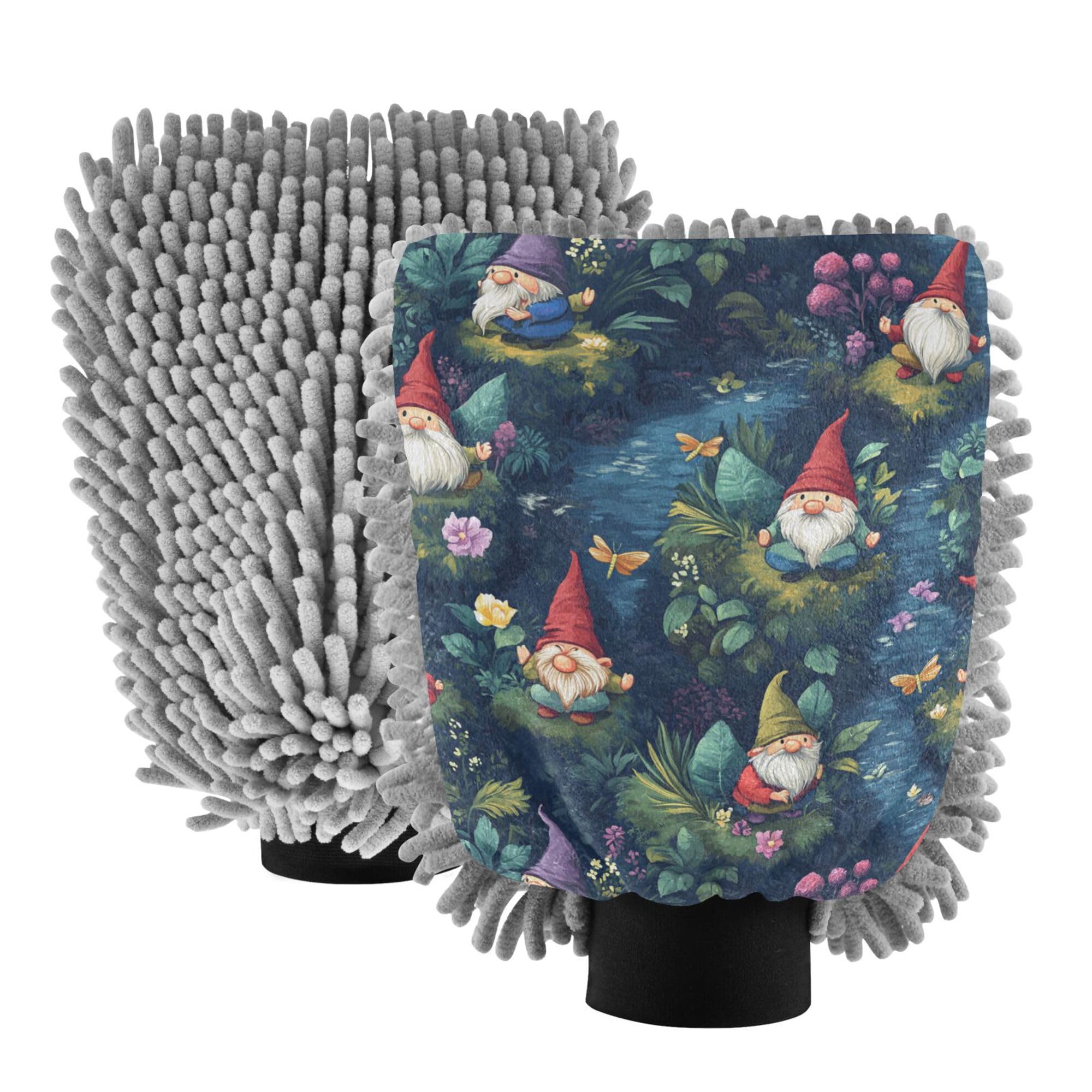 Cute Gnomes Flowers Car Wash Mit 11.8'' Washing Mitts Scratch-Free Detailing Clean Rag for Hand Brush Cleaning