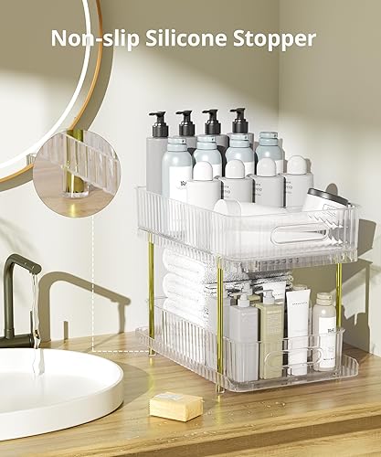 Miniatura 3 de Organizadores de maquillaje y cuidado de la piel de 2 niveles para tocador, organizador grande de perfumes, organizadores de baño extraíbles y