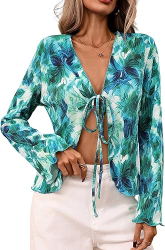 ZAFUL Women's Plisse Bell Long Sleeve Tie Front Top Pleated Open Front Cardigan Shirt