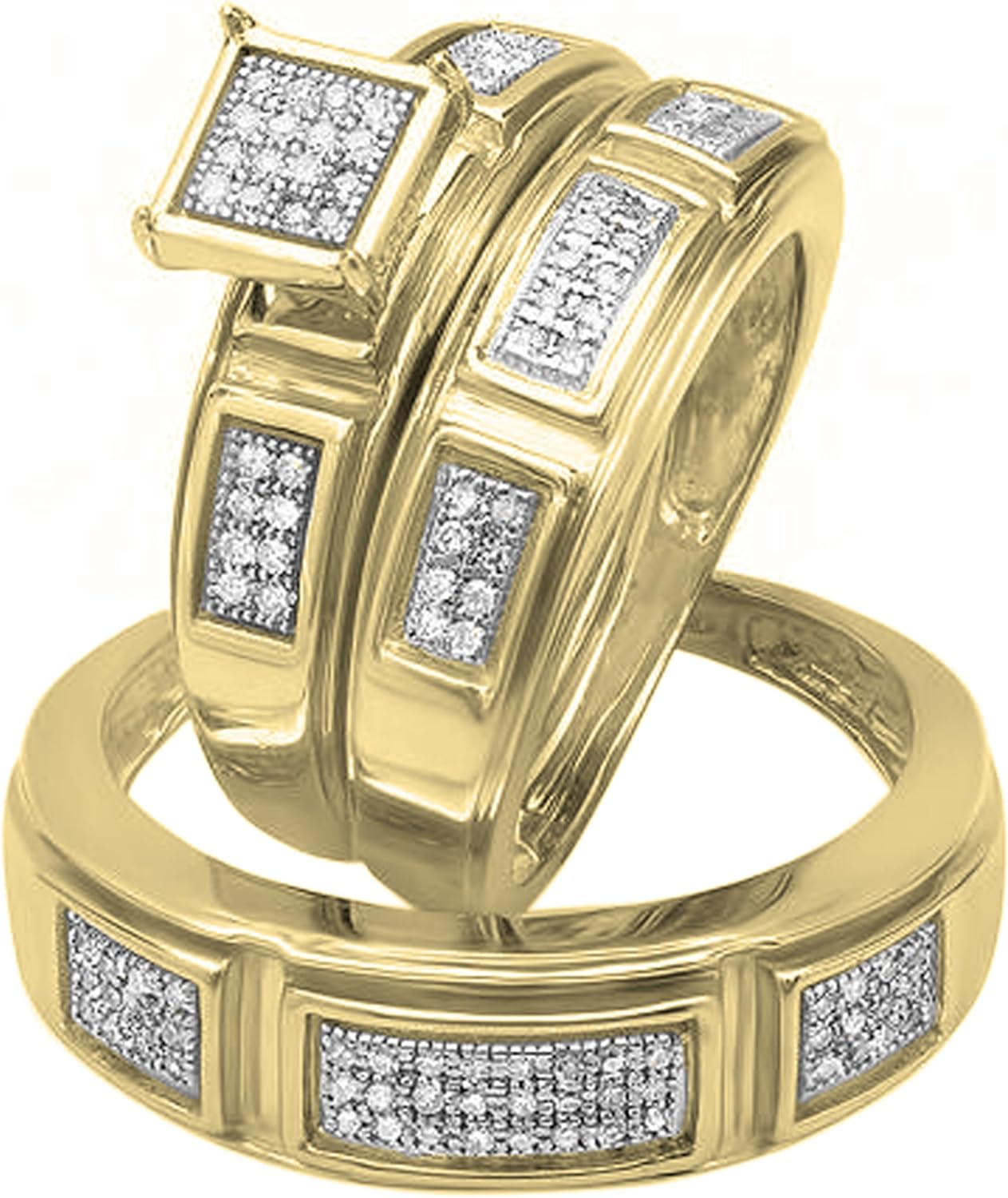 Dazzlingrock Collection Round White Natural Diamond Square Head Cluster Wedding Trio Ring Set for Him & Her (0.33 ctw, Color I-J, Clarity I2-I3) in 10K Real Solid Gold