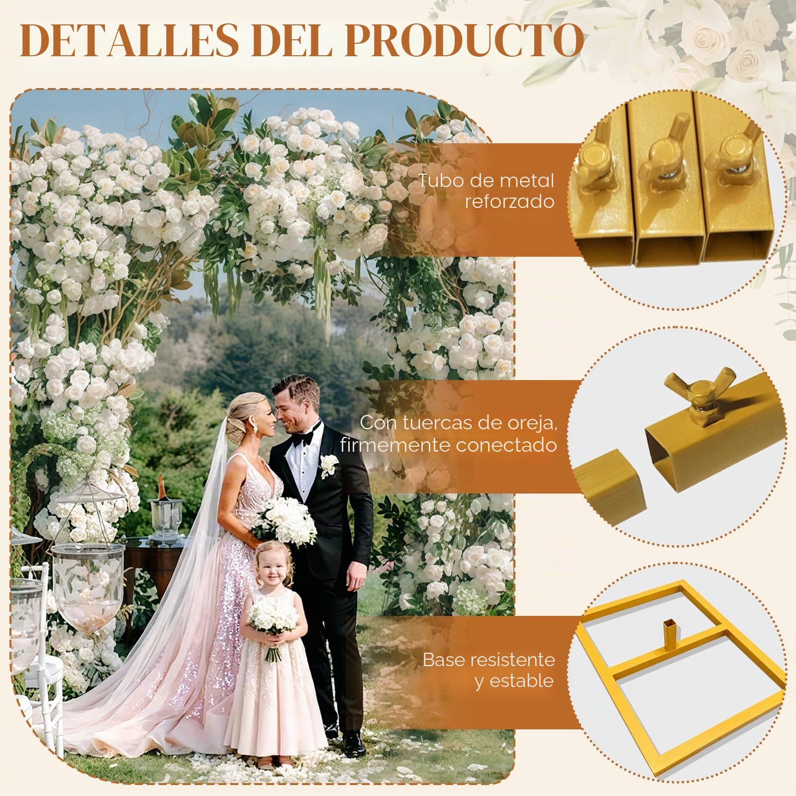 Arco de Boda 2m x 2m de Metal Dorado - Soporte de Fondo Cuadrado para Ceremonia de Boda, Rincón de Fotos, Graduación, Cumpleaños y Decoración de Fiestas