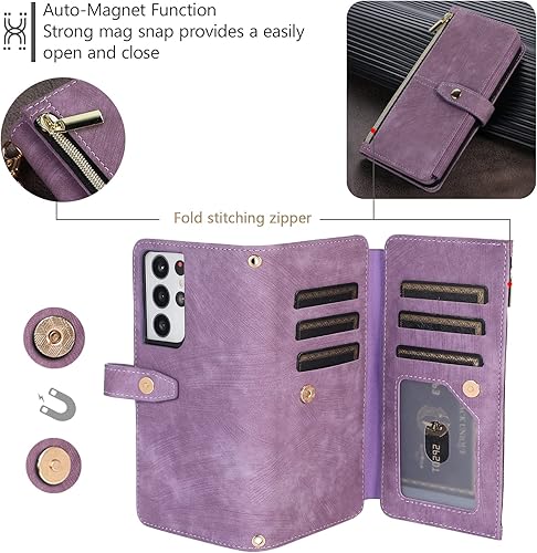 Miniatura 82 de UEEBAI Funda para Samsung Galaxy S21 FE 5G, 9 ranuras para tarjetas, cartera de cuero retro a prueba de golpes, con correa de mano, ranuras