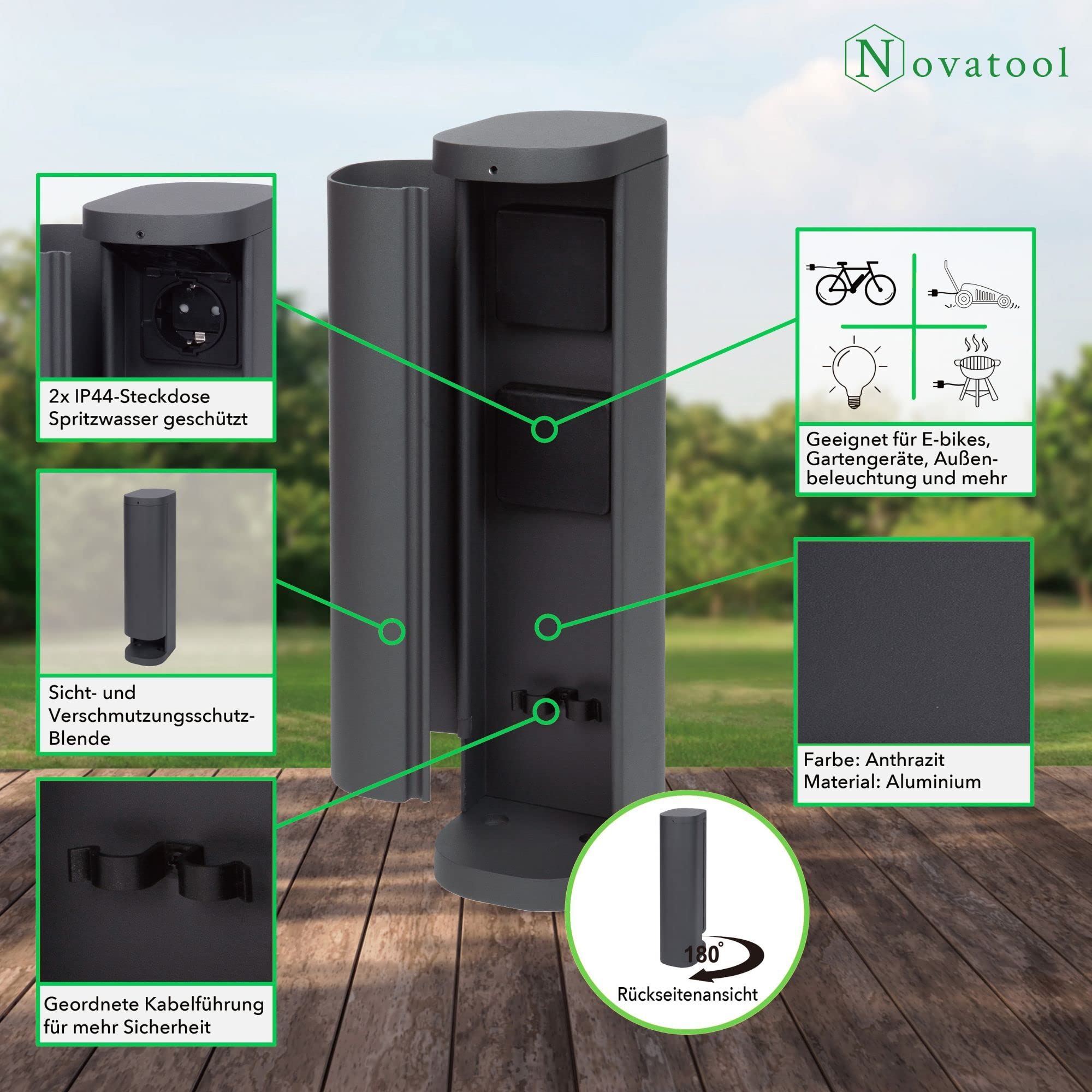 Novatool 2x Steckdosenturm 2-fach außen Anthrazit rund mit Blende IP44 mit Erdspieß Steckdose Aussen Gartensteckdose Outdoor Steckdosesäule Garten Steckdosenturm