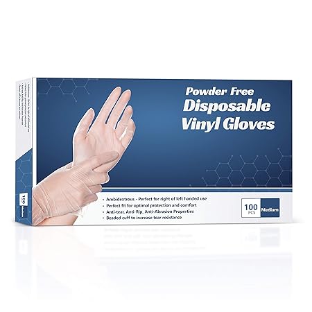 Disposable Vinyl Gloves, Clear, Powder Free, Latex Free Disposable Gloves (Medium)