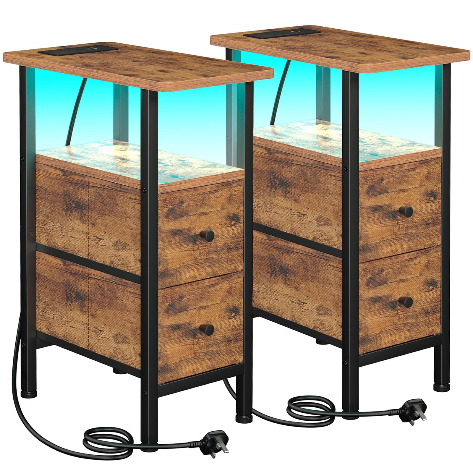 LOAKEKEL Slim Bedside Table Set of 2 with Charging Station, Narrow Side Table with LED Lights, Sofa Table with 2 Fabric Drawers, Nightstand for Small Spaces, Living Room, Bedroom, Brown UHETNDP02PLBR