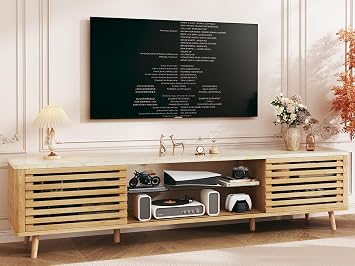 HUAHUU 70" TV Stand with Faux Marble Top for TVs up to 80", Mid Century Modern TV Console with Slatied Sliding Door, Entertainment Center with Adjustable Glass Shelves for Bedroom, Living Room, Oak
