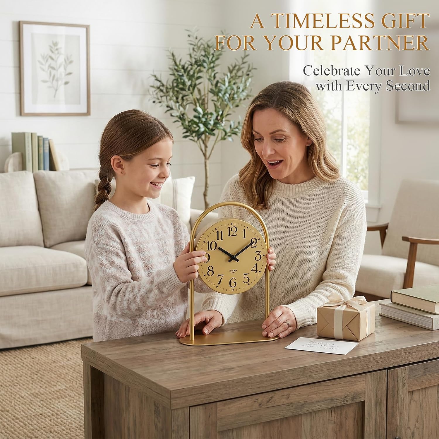 EMAX HOME Modern Gold Table Clock, Silent Non-Ticking Desk Clock Battery Operated, 10.6 Inch Minimalist Arch Mantel Shelf Clock for Living Room Decor, Bedroom Nightstand, Office & Bookshelf