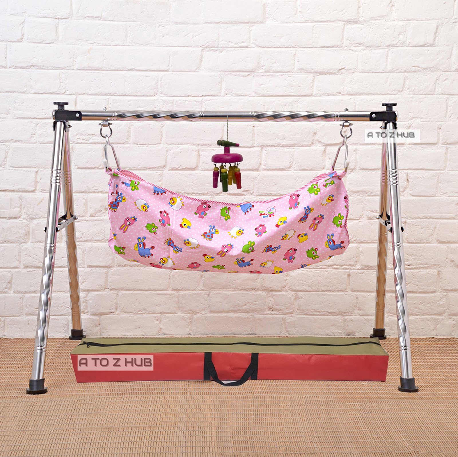A to Z Hub Baby Stainless Steel Baby Cradle/ghodiyu/Swing/jhula with Wooden Haning Rattle Toy and Cotton Cloth Hammock (Model 3)