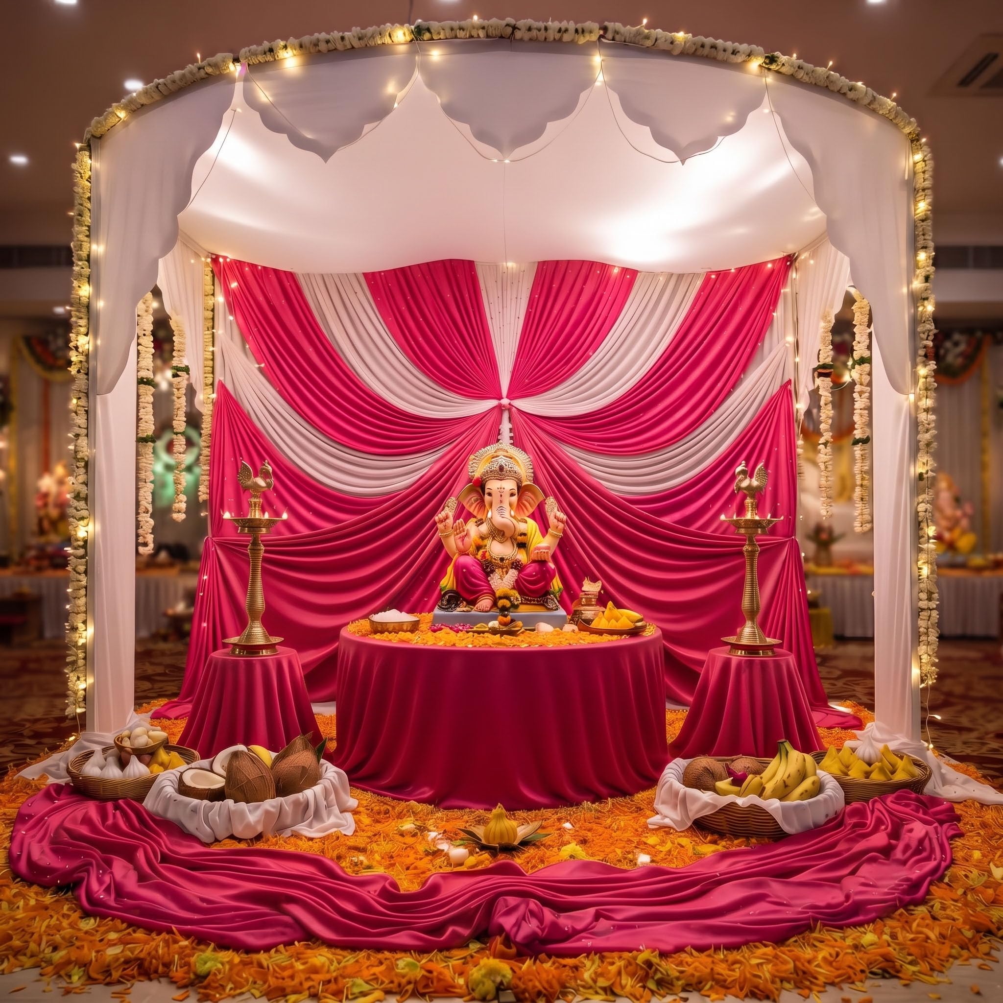 sai praseeda stage decorative backdrop plain cloth with 2-colors combination_10 feet (5ft pink + 5ft white ) events backdrop fabric for weddings, birthdays, festivals, parties, functions.