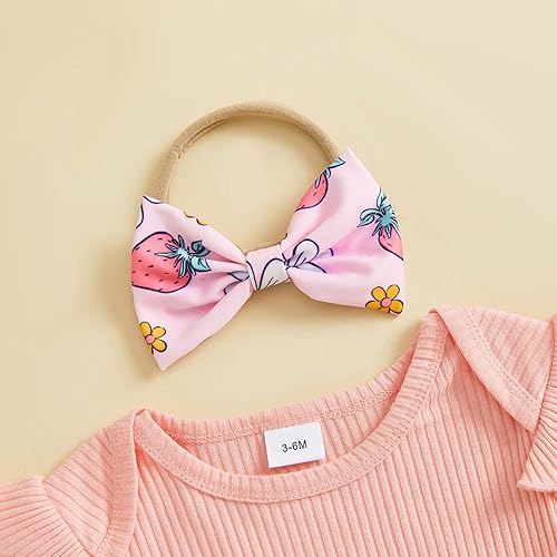 Miniatura 4 de Conjunto de 3 piezas de ropa de verano para bebé recién nacida, con volantes, manga corta, cintura elástica, pantalones cortos y diadema
