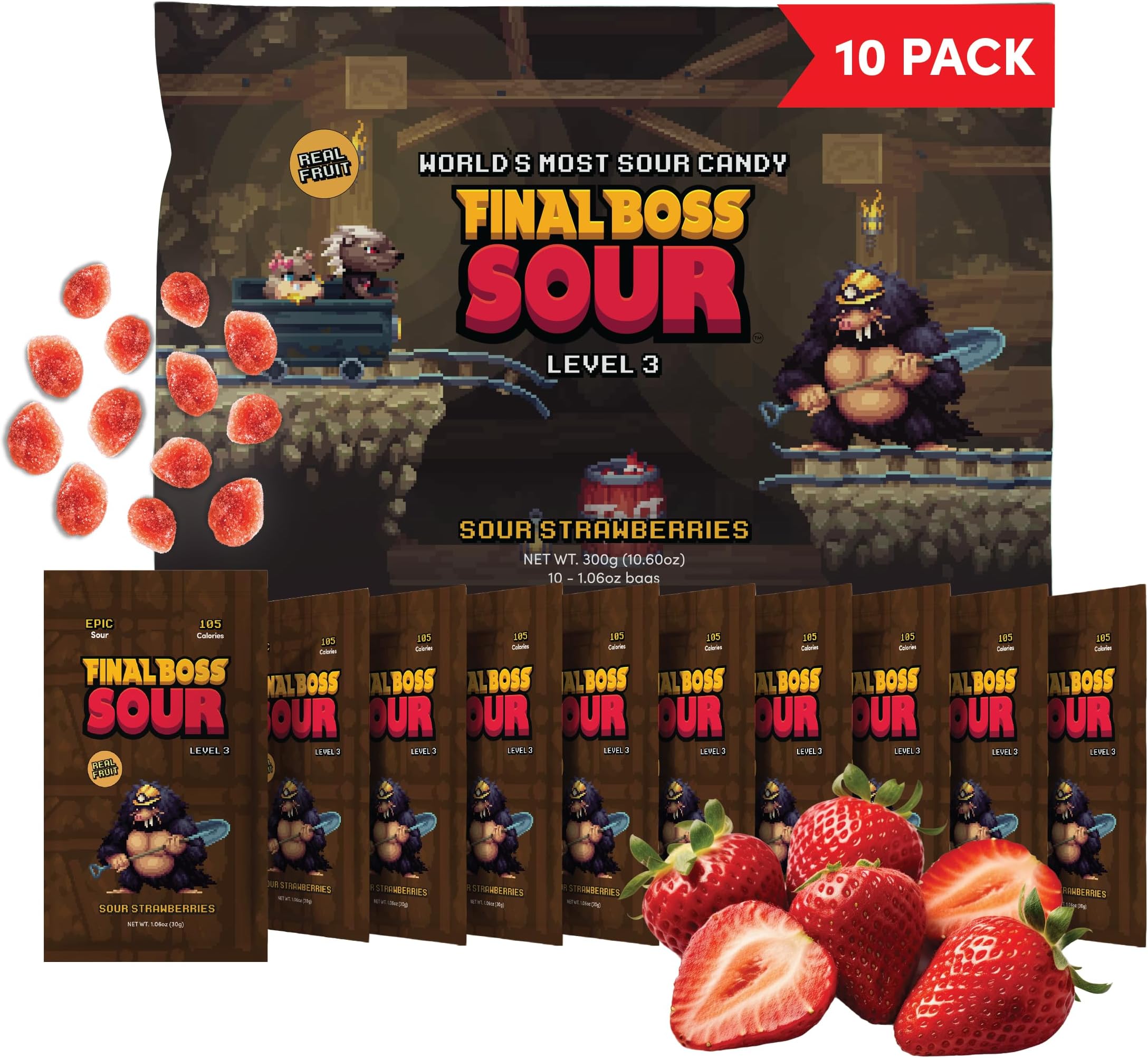 Final Boss Sour Candy, Sour Strawberries, 10 Pack, Level 3, Fruit Chews with Real Dried Fruit, No Artificial Colors or Flavors, Low Calorie Snack for Kids, Teens, Adults, Lunch Boxes