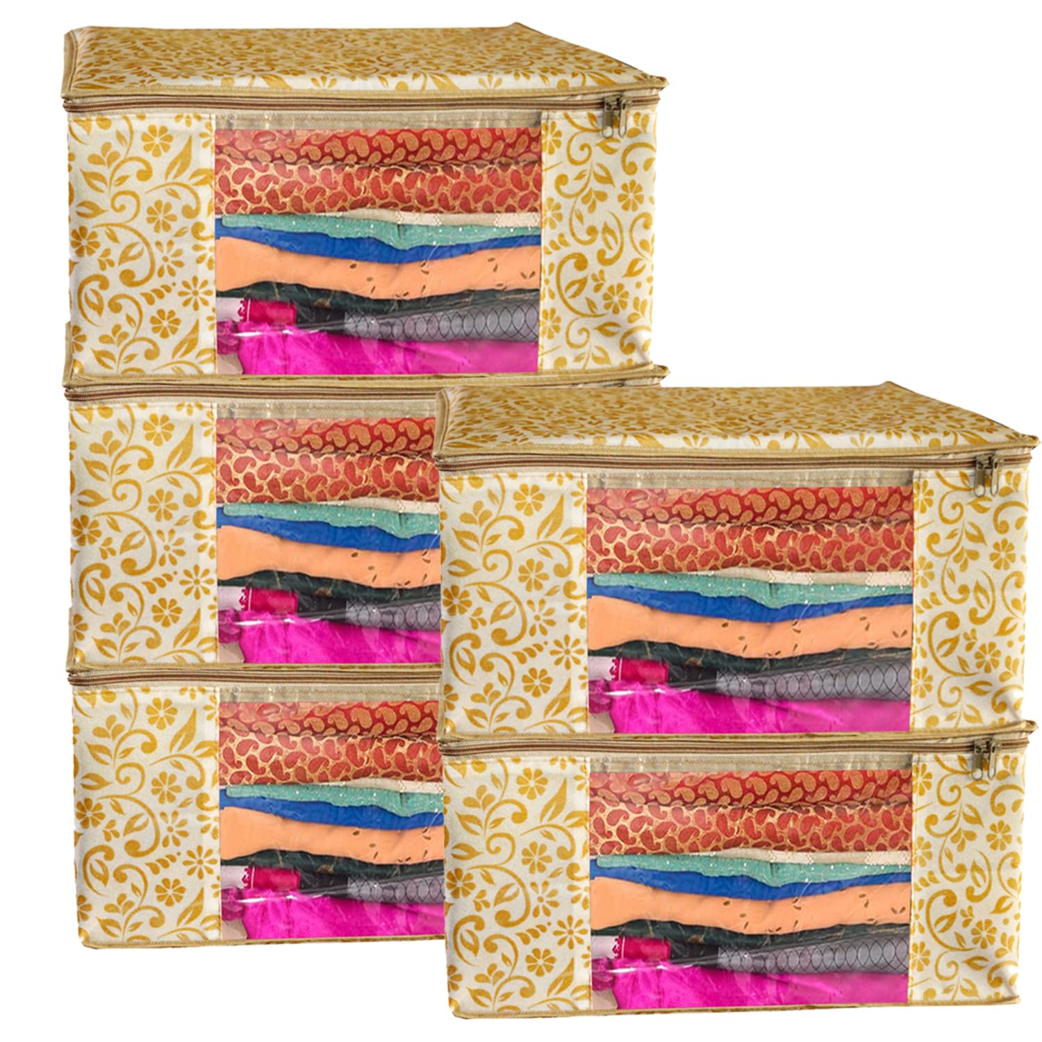 AMAK INC Saree Cover, Zipper Closure Saree Storage Bag, Saree Organizer for Wardrobe with Transparent Window, Clothes Storage Bags for Lehenga, Floral-Polka Design, Beige, Pack of 5