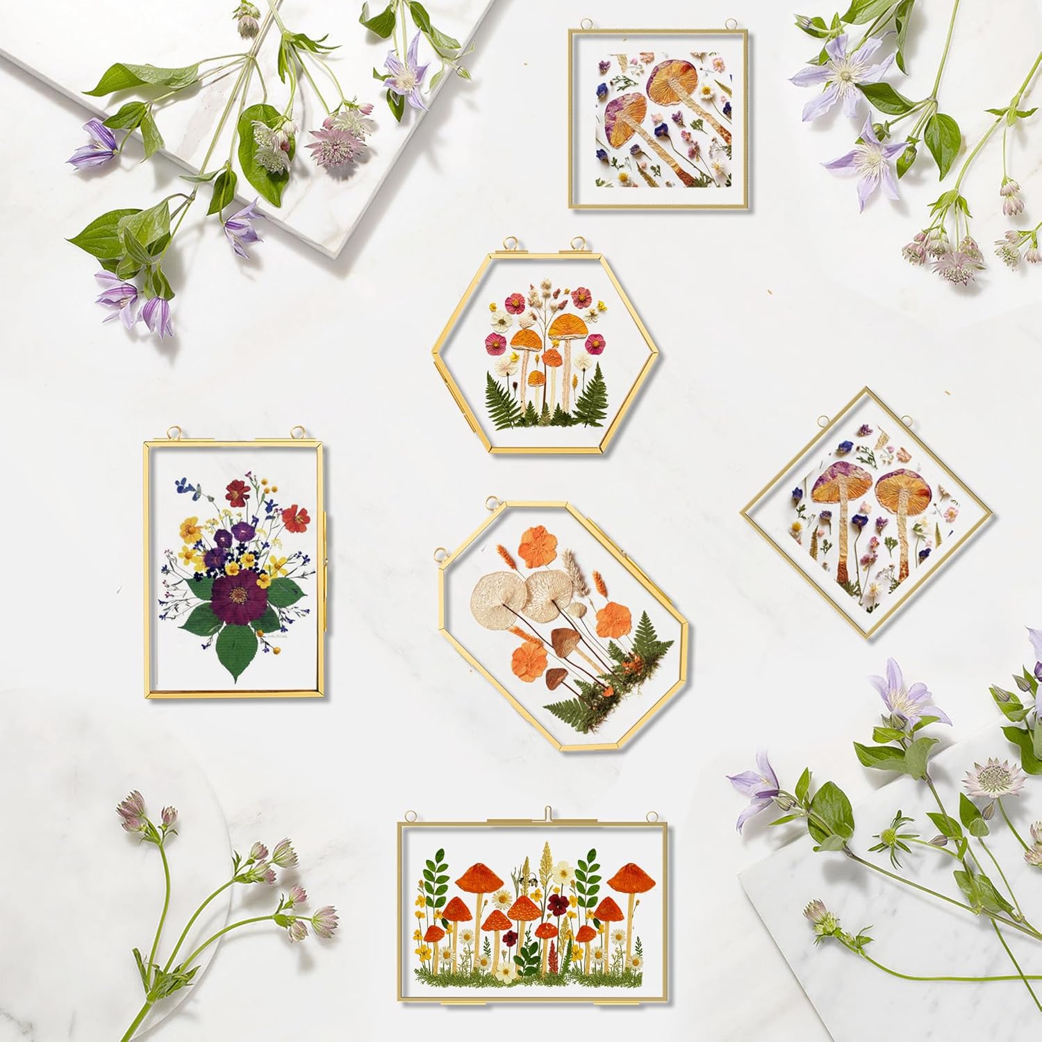 BABUFINE 6PCS Pressed Flower Frames with Tweezers, Wall Hanging Double Glass Picture Frames with Chain for Dried Flowers Plants Wall Decor,Only Frame (Gold-6PCS)