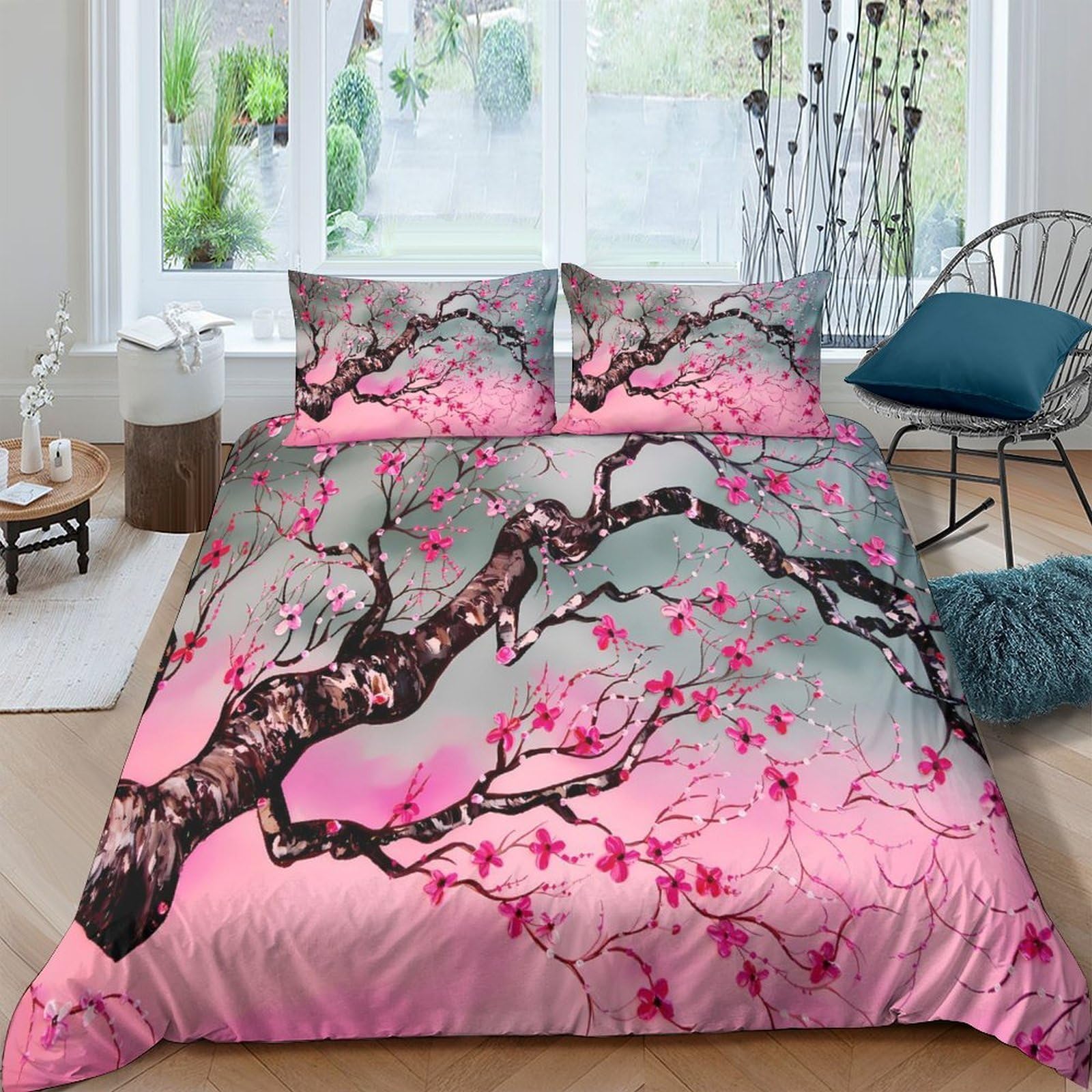 Ctjqhvkz Style-6 3D Printed Cherry Blossom Fitted Sheet Microfiber Pink Gray Plum Branch Mattress Cover Bedroom Decor Anti-Slip Washable Single（135X200cm）