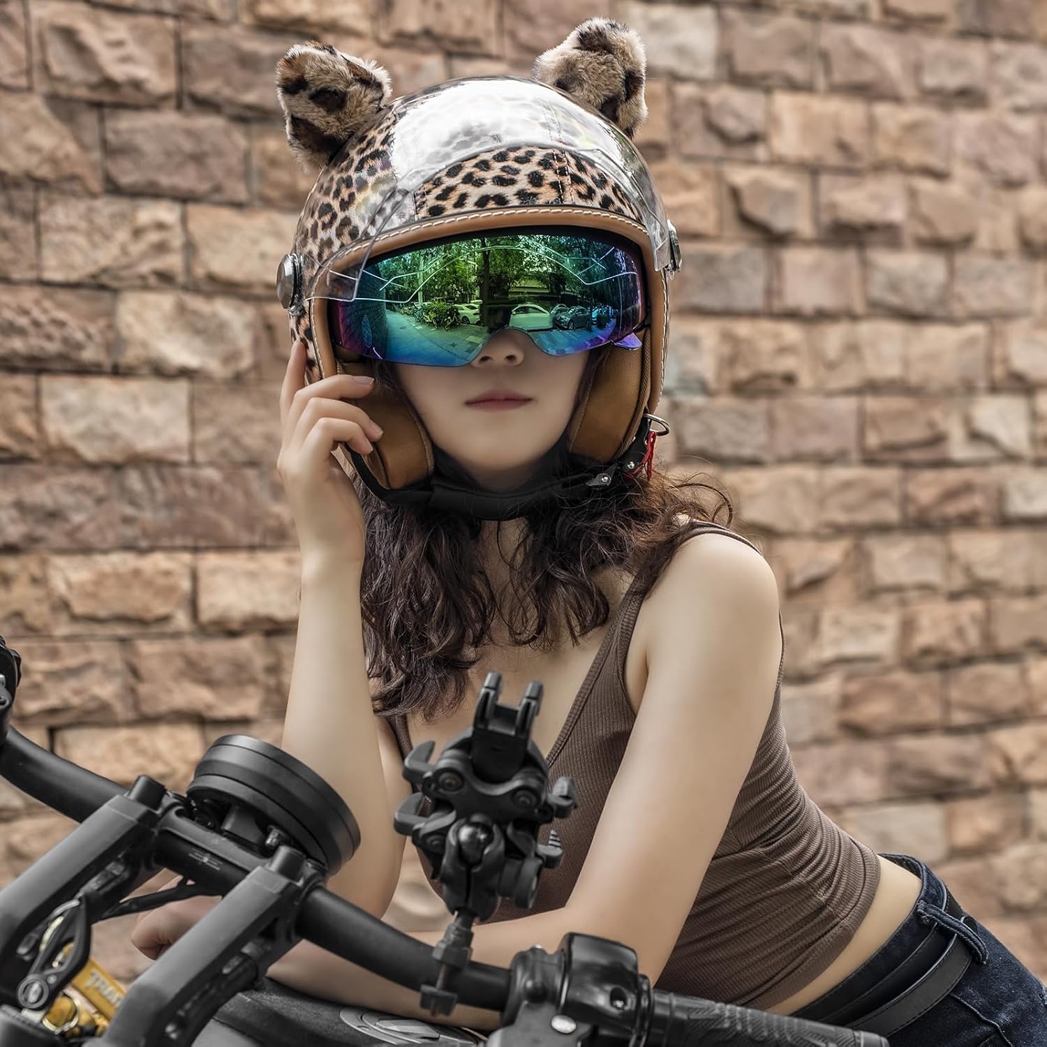 Vintage Glossy PU Leather 3/4 Motorcycle Helmet, DOT Certified Open Face Helmets with Dual Visor,Half Face Moped Helmet for Cruiser Scooter