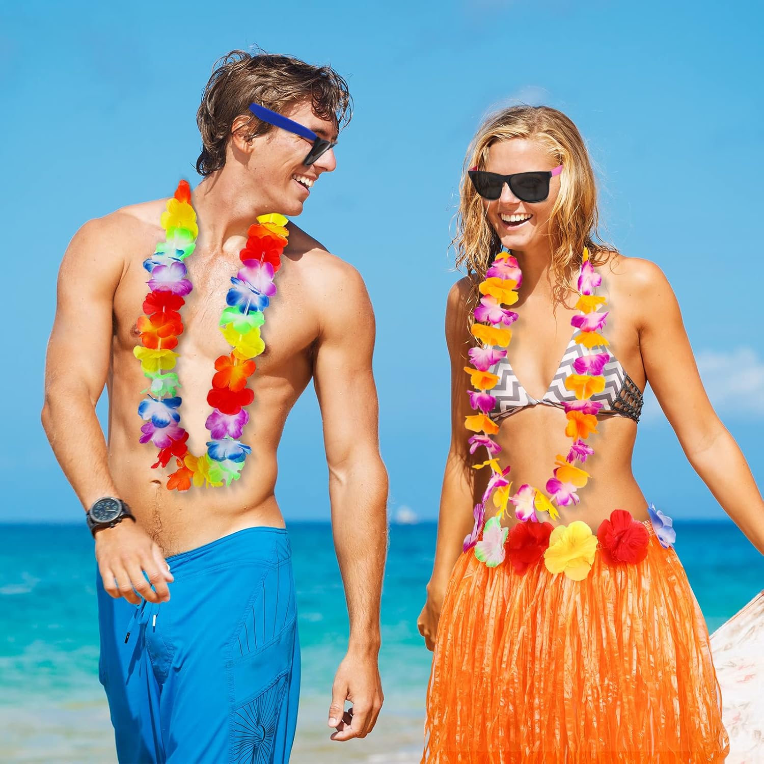 Aodaer 36 Pieces Hawaiian Party Decorations Set Include Luau Grass Skirts Leis Necklace and Neon Sunglasses Tropical Flower Garlands for Beach Pool Party Supplies