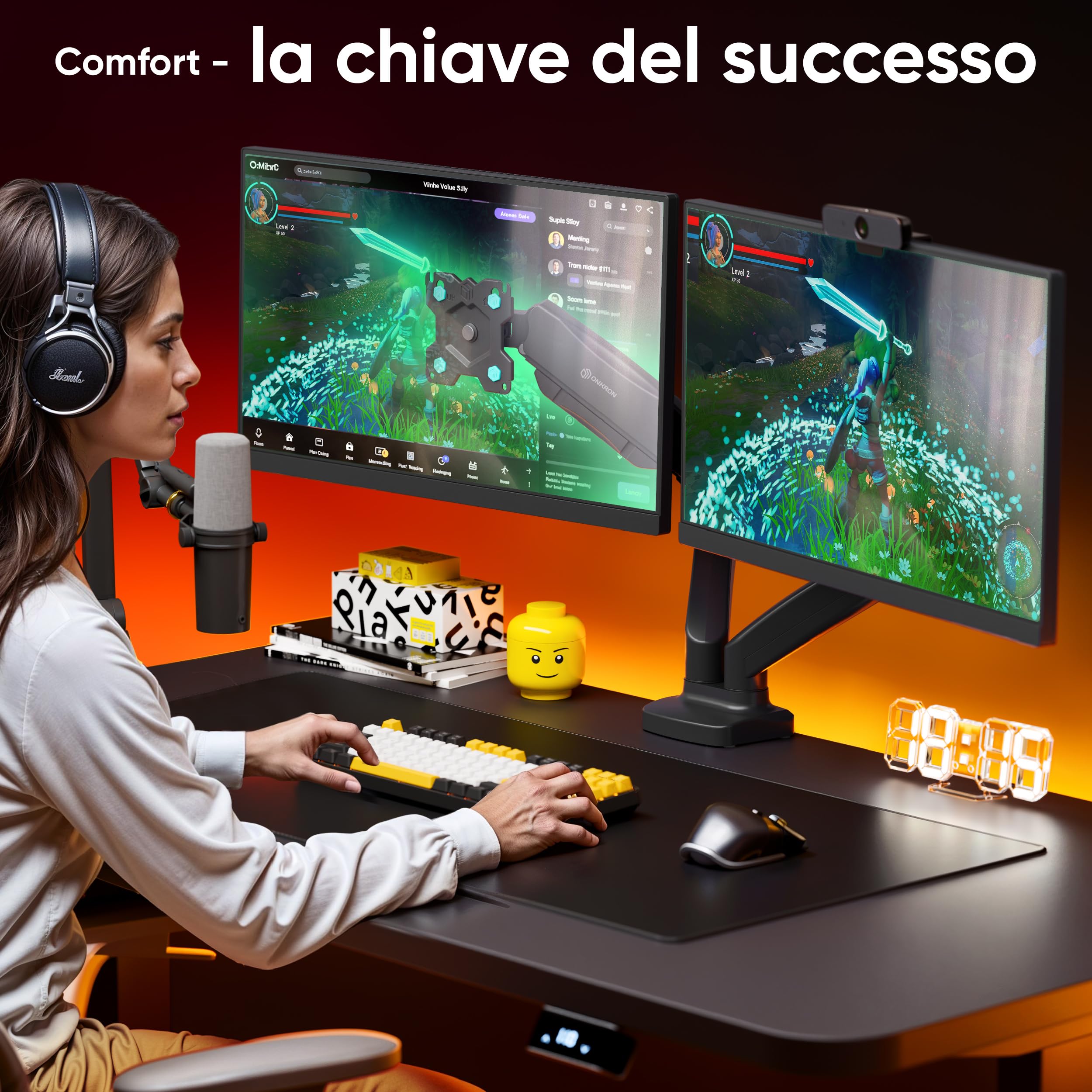 ONKRON Supporto Monitor Doppio Nero da 13 a 32 pollici - Staffa Monitor Scrivania con Carico Totale 16 kg - Porta Schermo PC da Scrivania max VESA 100x100 - Base Doppio Schermo PC Inclinabile G160-B