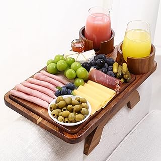 Nnewvante Couch Arm Table with Cheese Board, 4 in 1 Large 15.7"x9.85" Acacia Wood Sofa Arm Clip on Tray with 360 Rotated 2 Cup Holder & Phone Holder & Knife Fork on Armrest