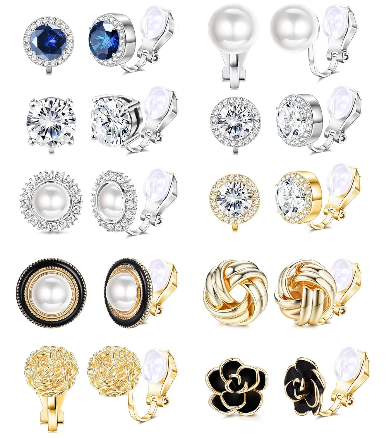 FIBO STEEL 10 Pairs Clip Earrings for Women Clip On Earrings for Non Pierced CZ Flower Simulated Freshwater