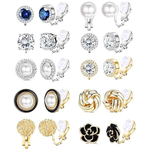 FIBO STEEL 10 Pairs Clip Earrings for Women Clip On Earrings for Non Pierced CZ Flower Simulated Freshwater Pearl Twist Knot Clip Earrings Sets Gold Silver Tone
