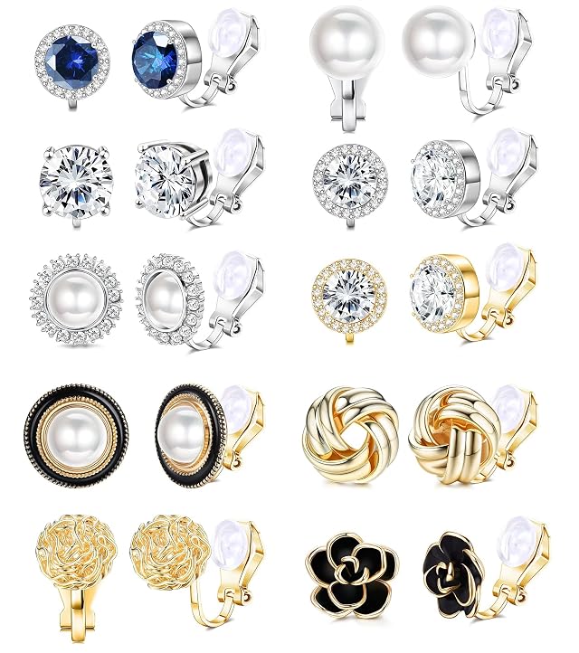 FIBO STEEL 10 Pairs Clip Earrings for Women Clip On Earrings for Non Pierced CZ Flower Simulated Freshwater