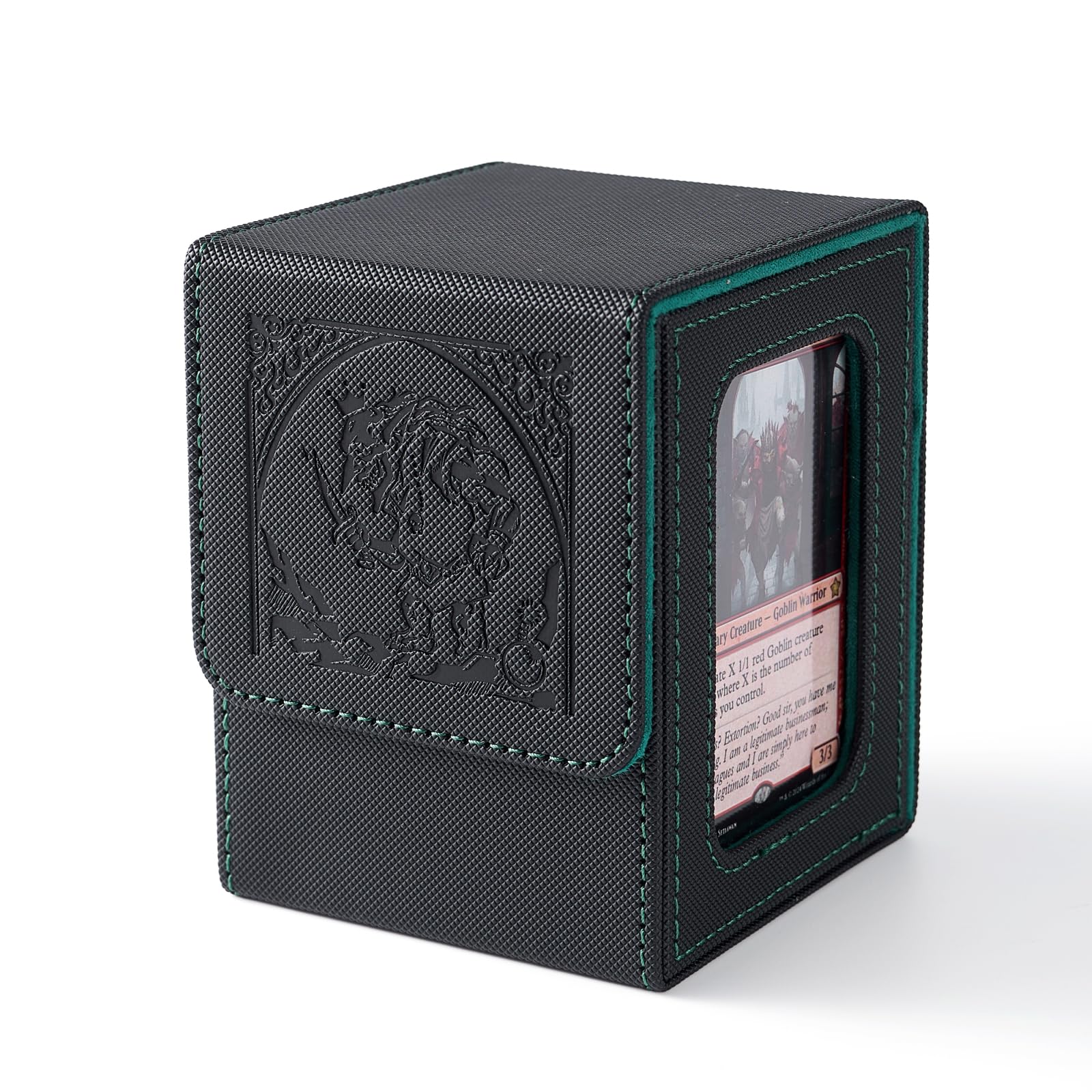 Venssu MTG Deck Box with Commander Display, Goblin Card Deck Case Fits 100 Double Sleeved Cards, TCG Card Storage Box with 2 Dividers and 1 Toploader (Black and Green)