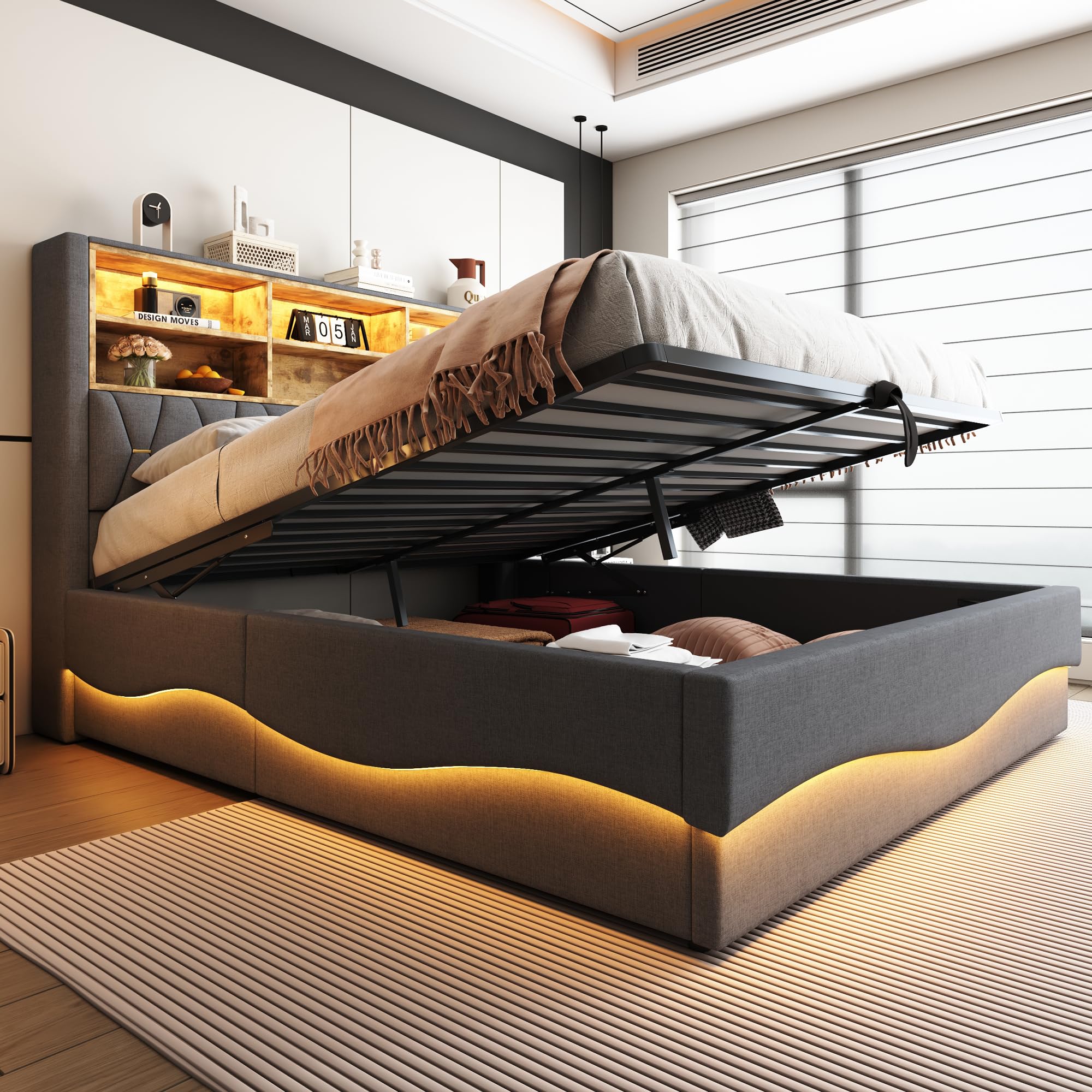 Gestoffeerd bed Monaco 180x200 beige - opbergruimte voor beddengoed, houten lattenbodem, doorgestikt hoofdbord en bedframe Gestoffeerd bed Monaco 180x200 beige - opbergruimte voor beddengoed, houten lattenbodem, doorgestikt hoofdbord en bedframe
