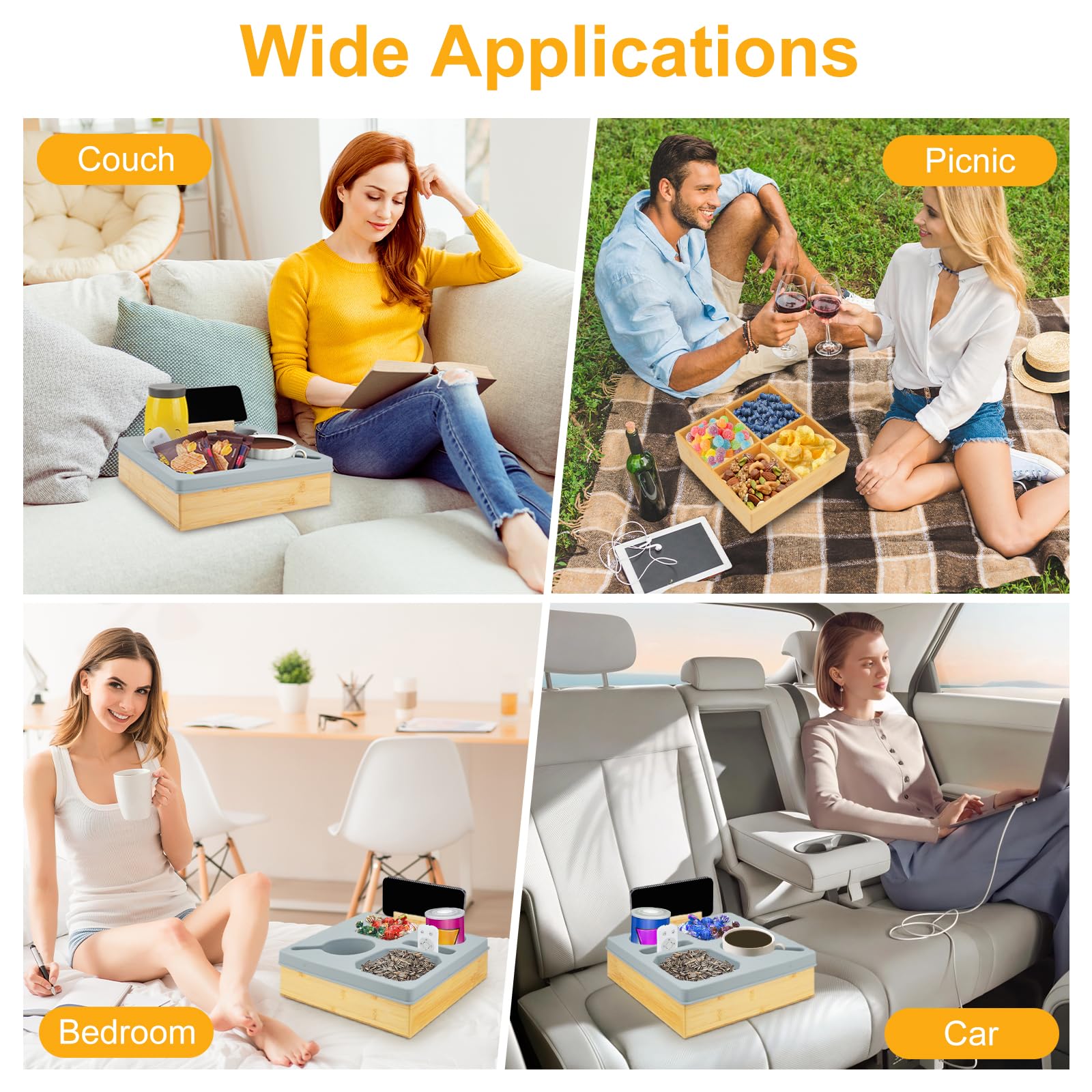 Bambus Couchbar Snackbox Mit Fächern, Snackteller Silikon Couch Organizer, Sofa Tablett Betttablett Handyhalter Geschenke für Männer Frauen Wohnzimmer Schlafzimmer Garten Camping