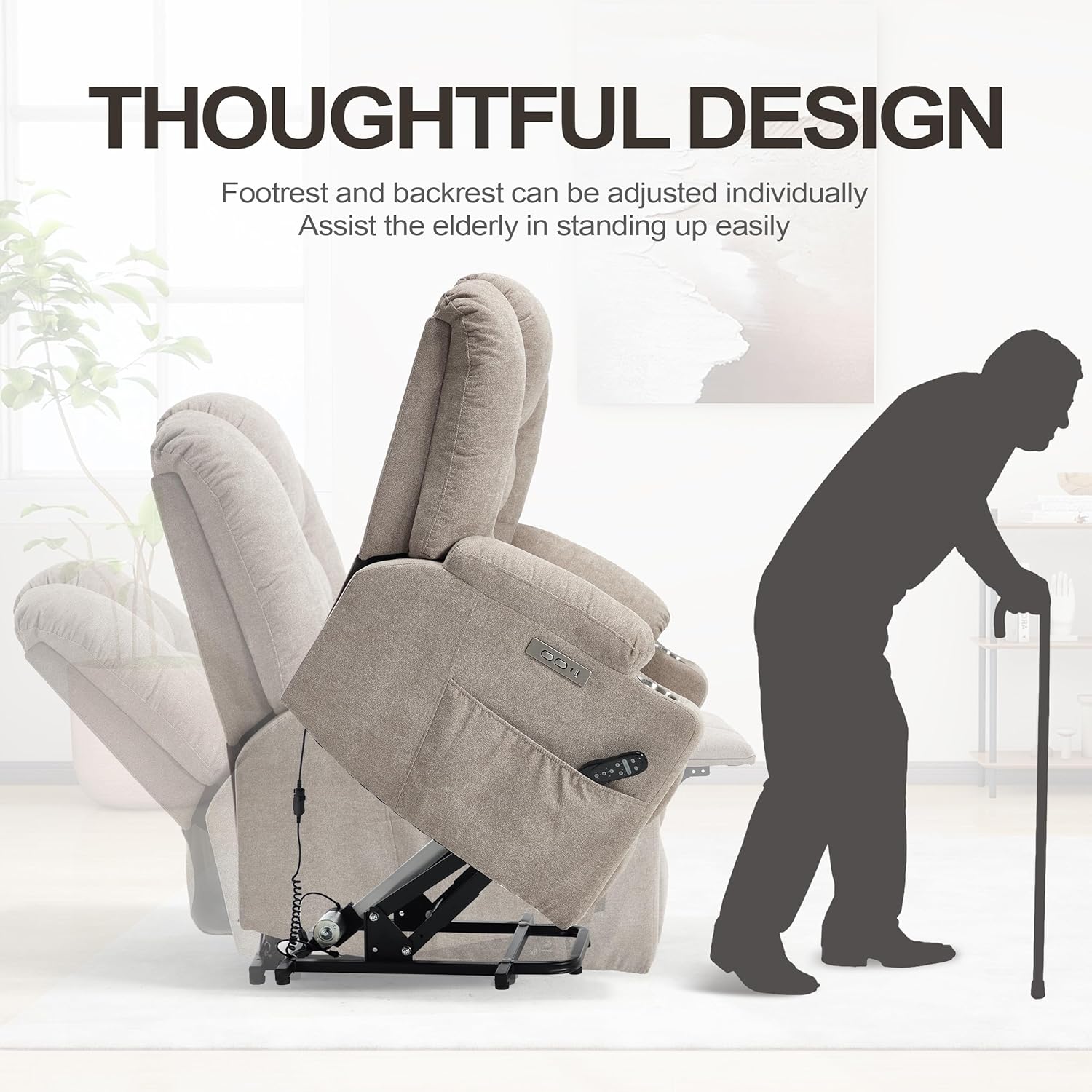 Power Lift Recliner Chair for Elderly, Electric Lift Recliner with Vibration Massage and Lumbar Heating, Single Sofa Reclining Chair with Cup Holders Charging Ports, Polyester Fabric Khaki