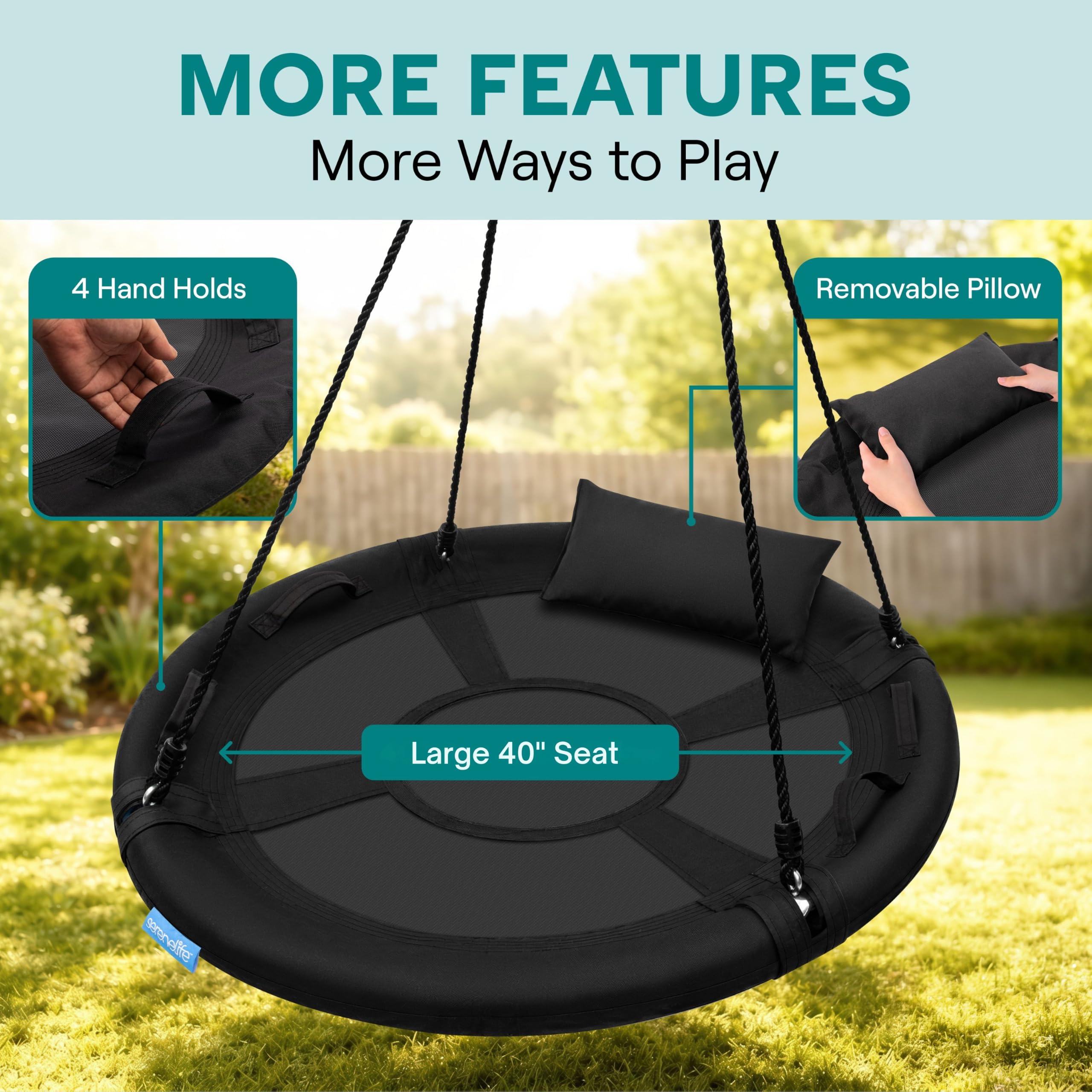 SereneLife Balançoire Nid Géante 100 cm, kit Suspension & Pivot Central, balançoire rondearbre extérieure, Cordes, Cadre Acier, siège Polyester pour Enfants – Noir